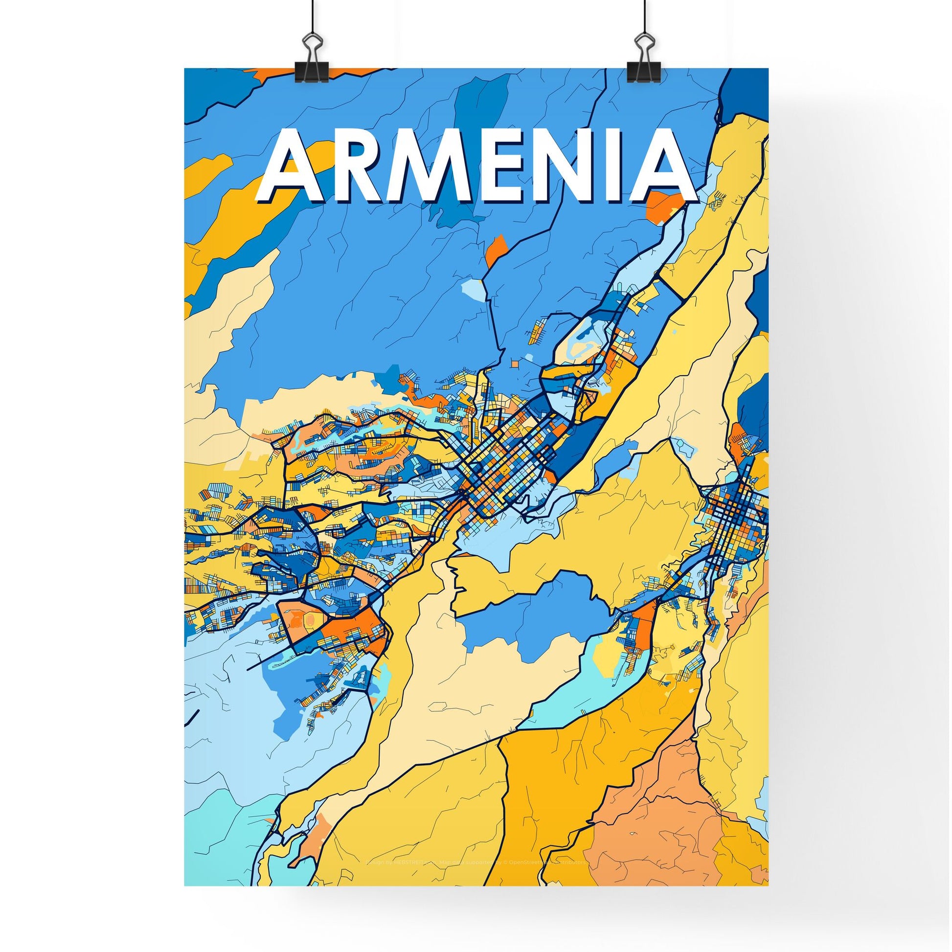 ARMENIA COLOMBIA Vibrant Colorful Art Map Poster Blue Orange