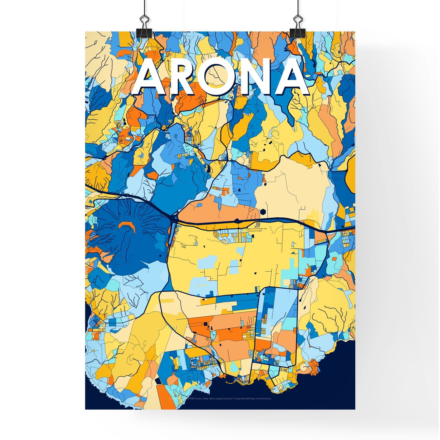 ARONA SPAIN Vibrant Colorful Art Map Poster Blue Orange