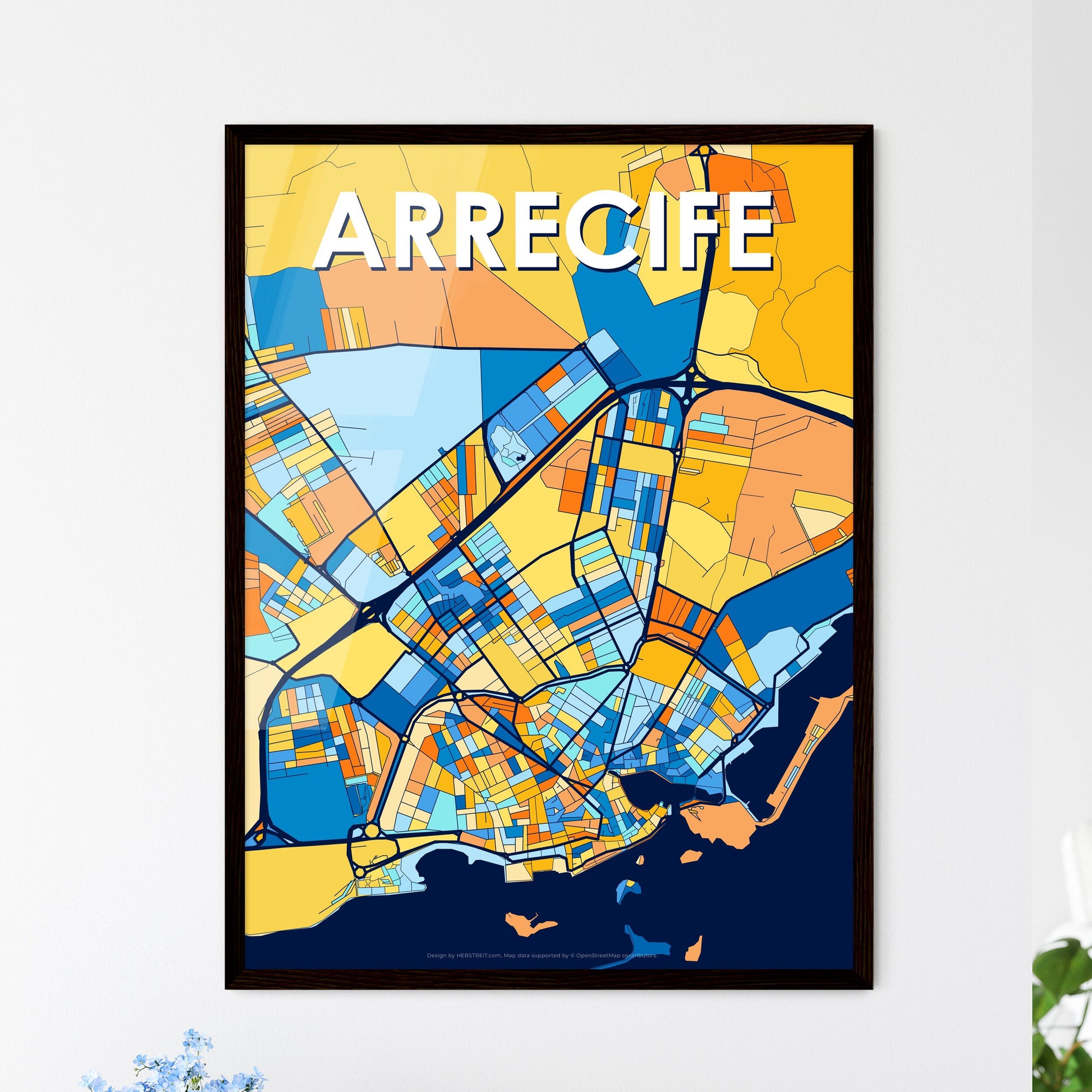 ARRECIFE SPAIN Vibrant Colorful Art Map Poster Blue Orange