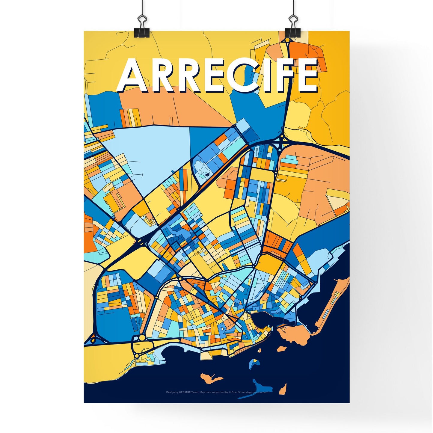 ARRECIFE SPAIN Vibrant Colorful Art Map Poster Blue Orange