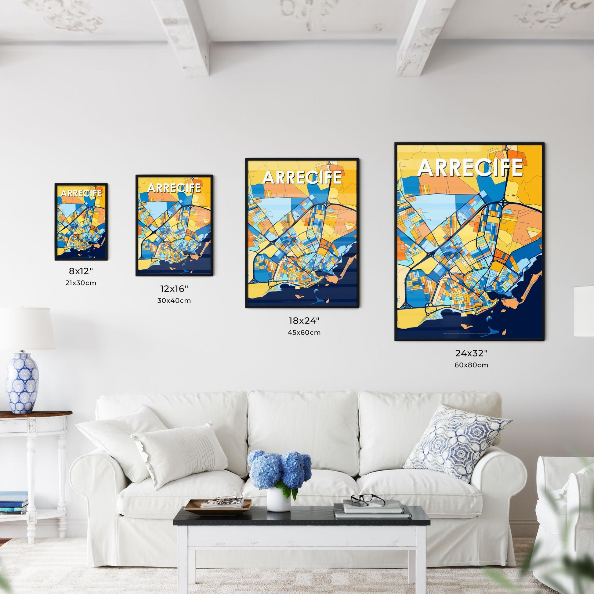 ARRECIFE SPAIN Vibrant Colorful Art Map Poster Blue Orange