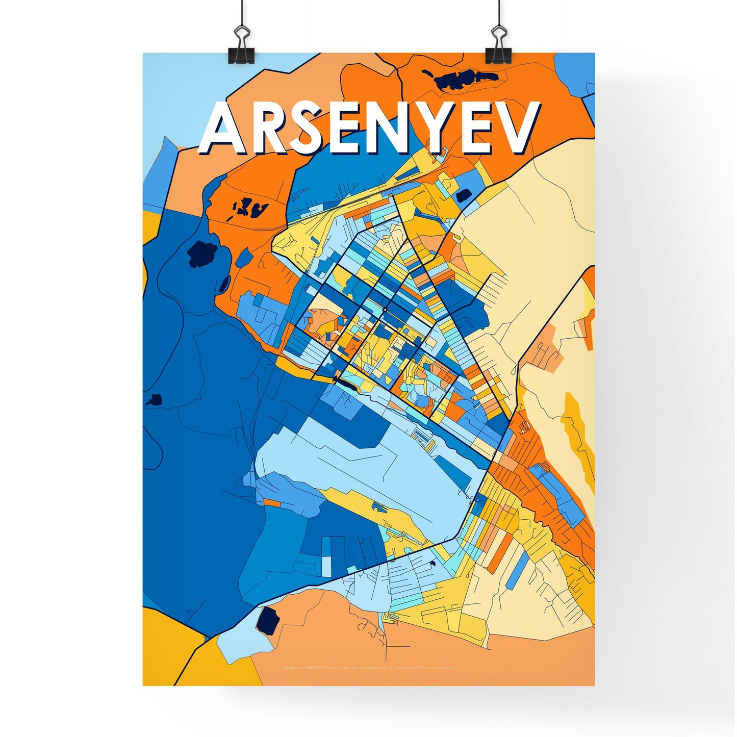 ARSENYEV RUSSIA Vibrant Colorful Art Map Poster Blue Orange