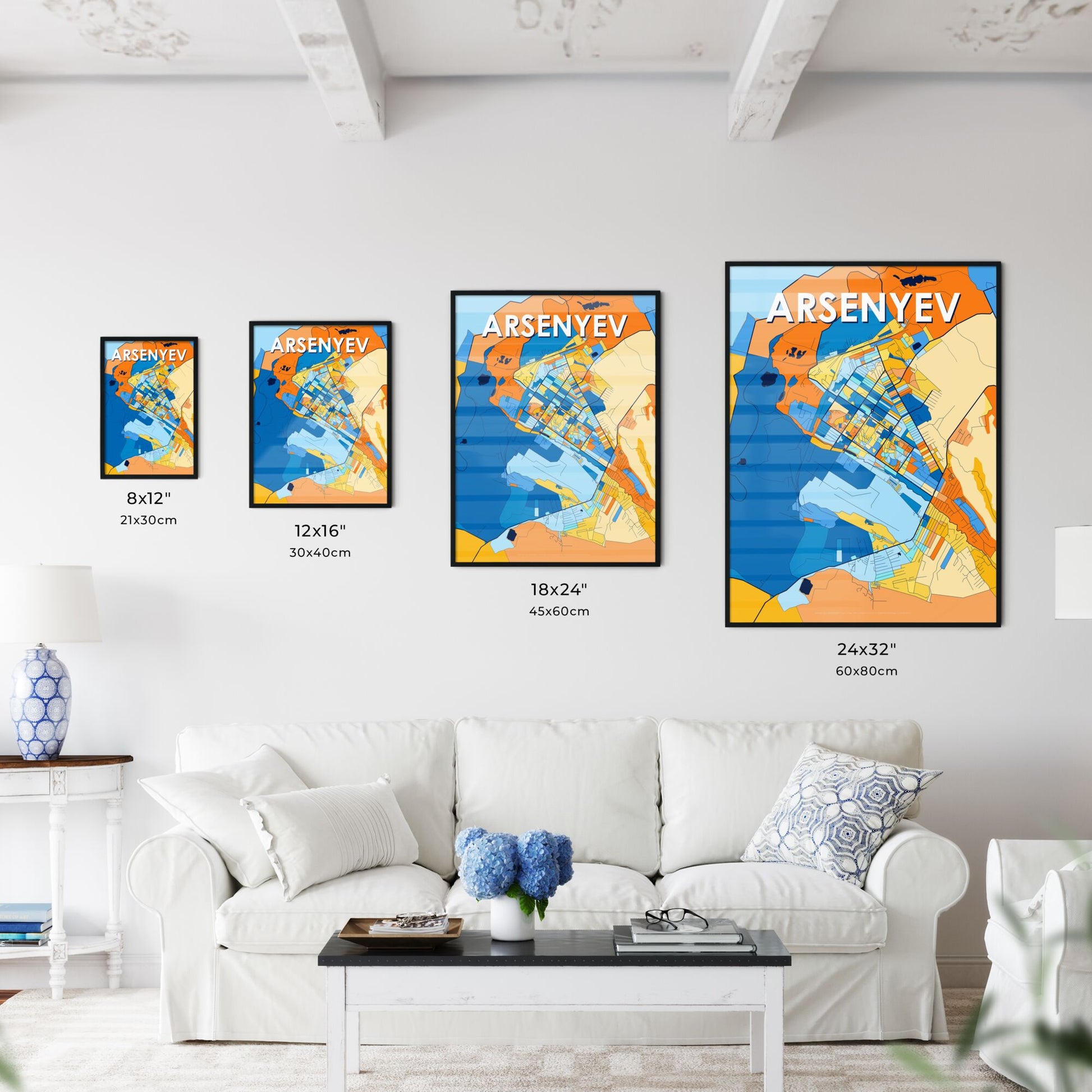 ARSENYEV RUSSIA Vibrant Colorful Art Map Poster Blue Orange