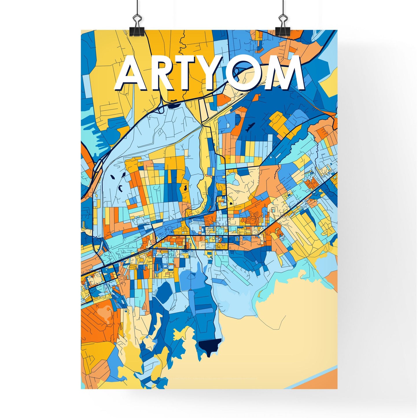 ARTYOM RUSSIA Vibrant Colorful Art Map Poster Blue Orange