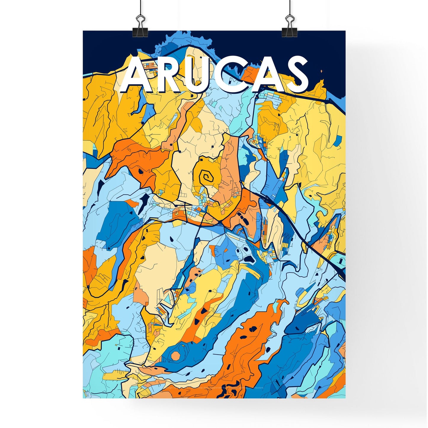 ARUCAS SPAIN Vibrant Colorful Art Map Poster Blue Orange