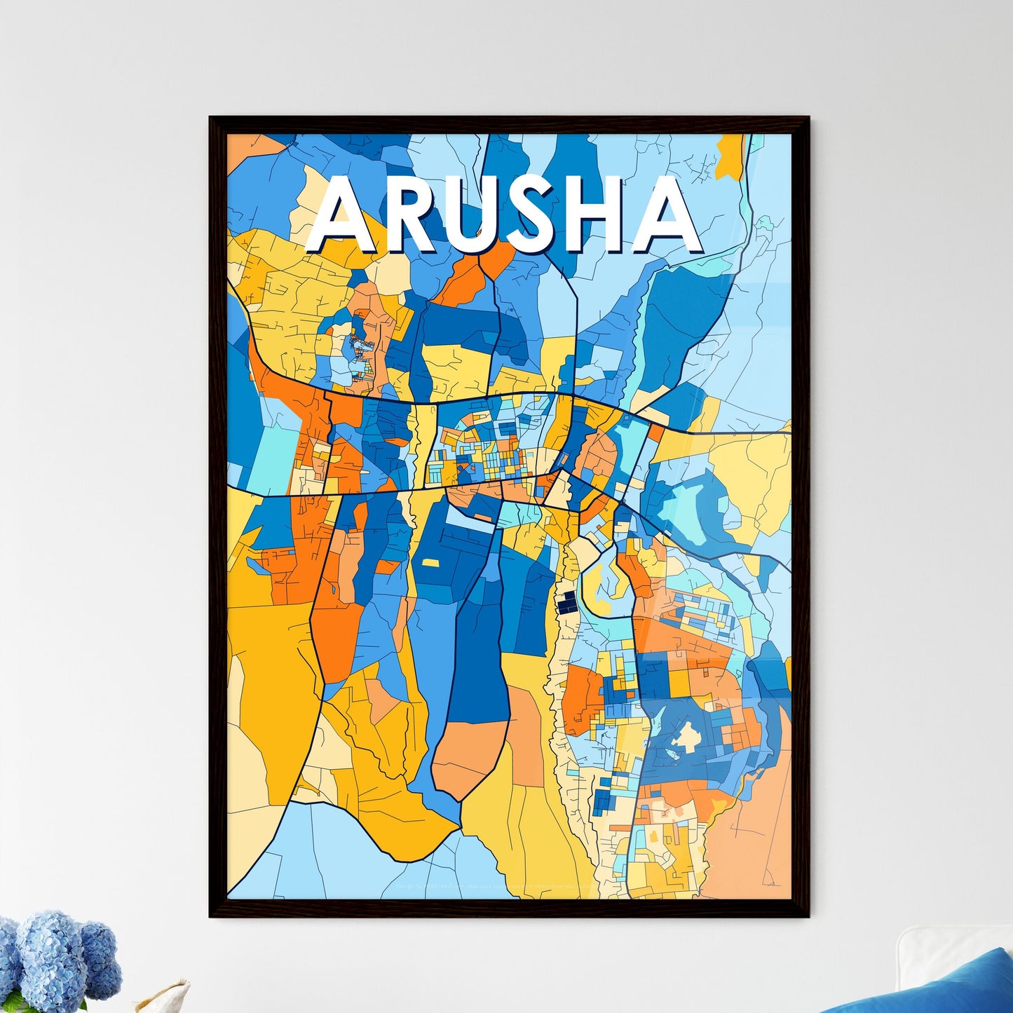 ARUSHA TANZANIA Vibrant Colorful Art Map Poster Blue Orange