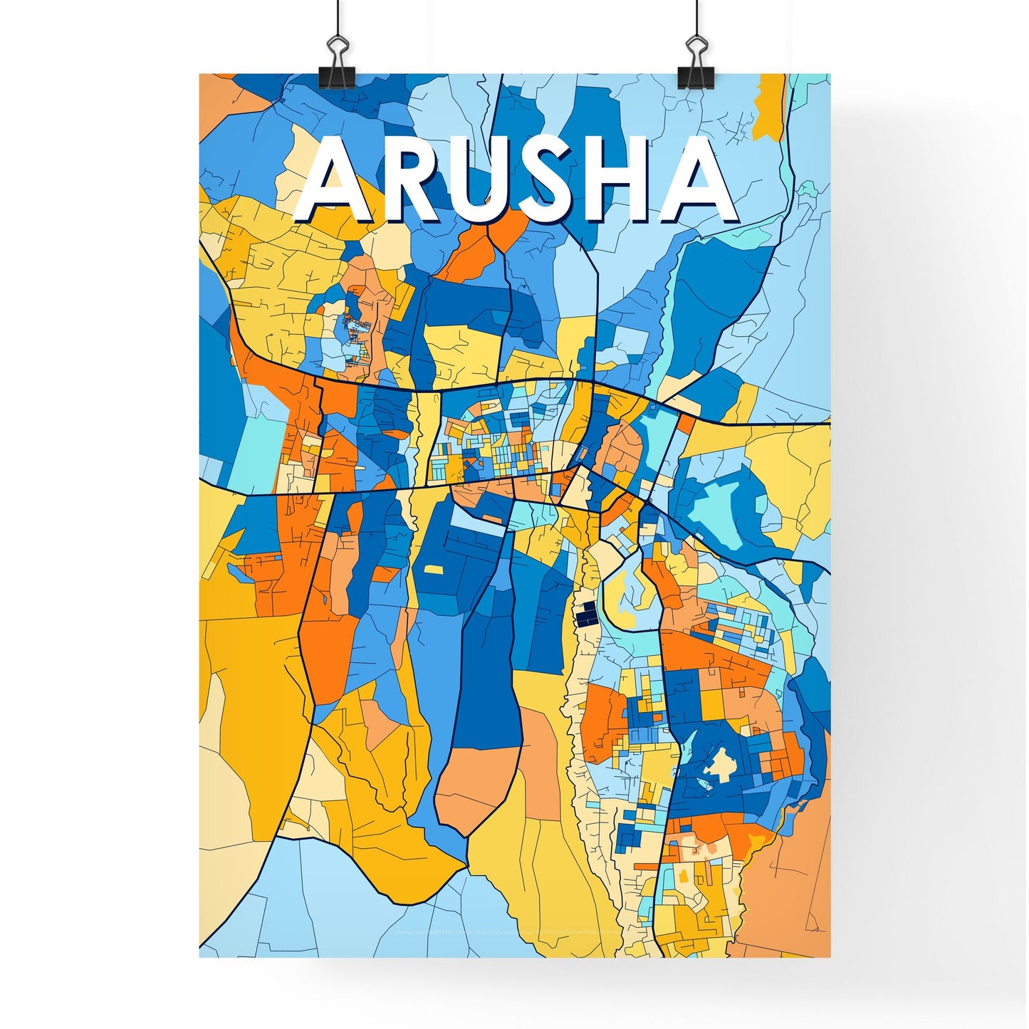 ARUSHA TANZANIA Vibrant Colorful Art Map Poster Blue Orange