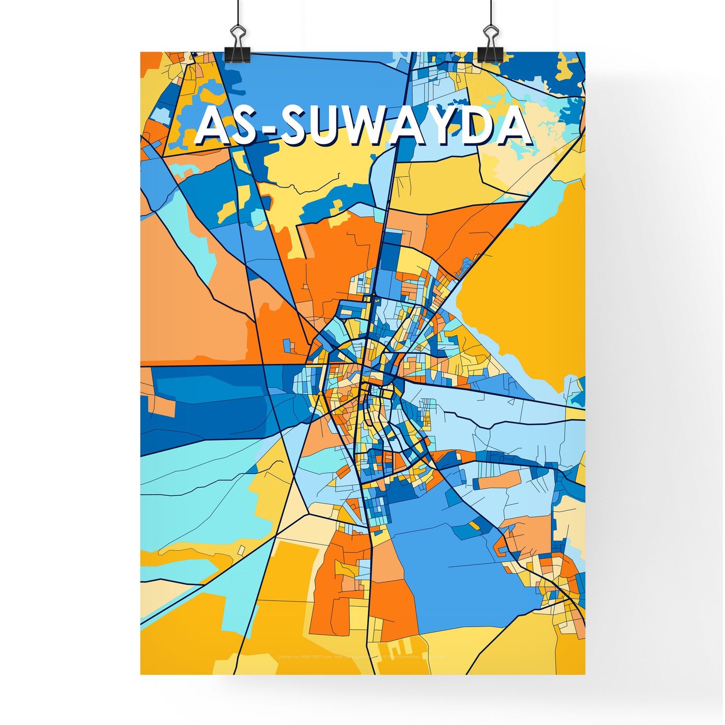 AS-SUWAYDA SYRIA Vibrant Colorful Art Map Poster Blue Orange