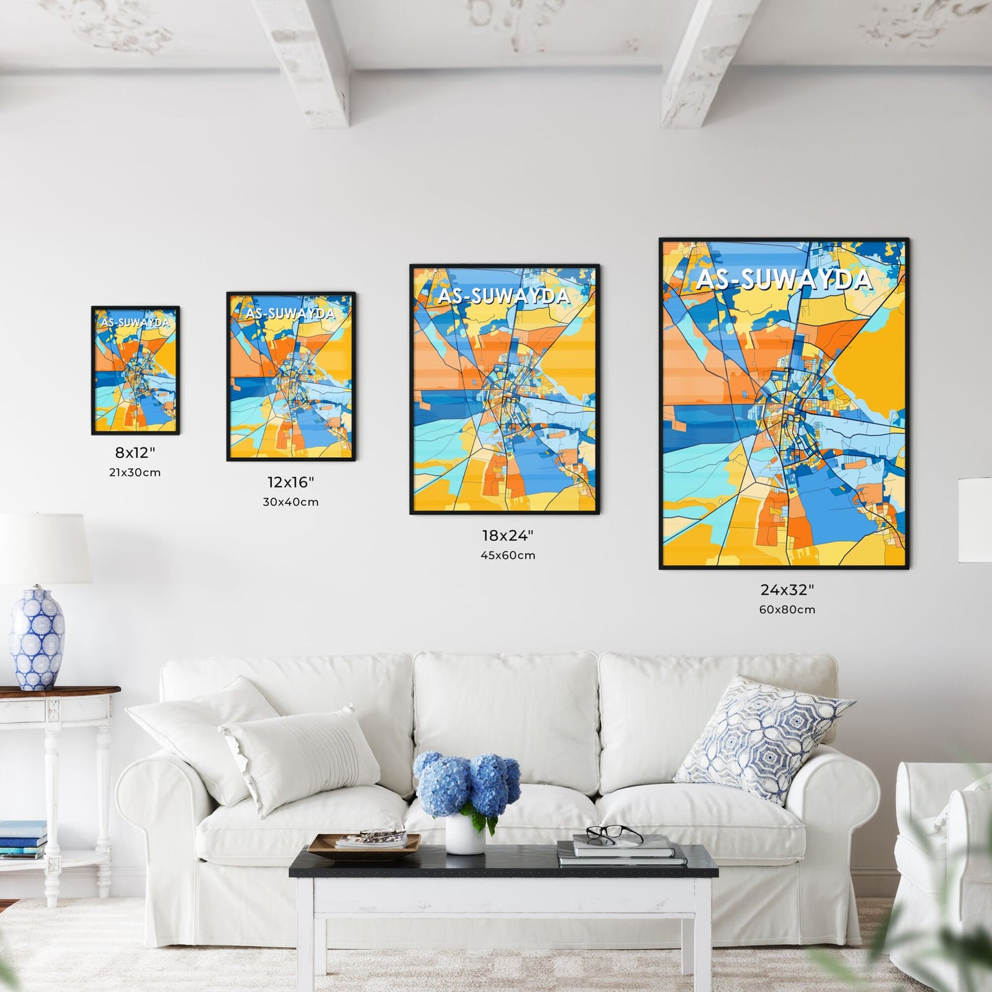 AS-SUWAYDA SYRIA Vibrant Colorful Art Map Poster Blue Orange