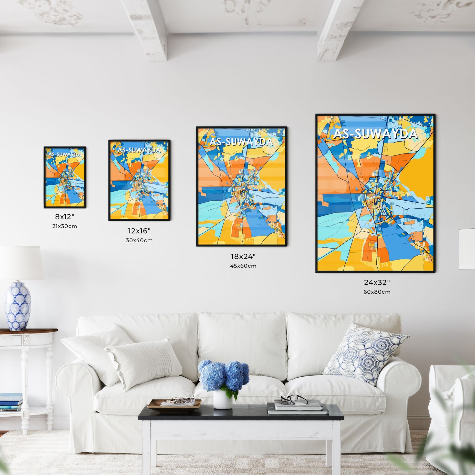 AS-SUWAYDA SYRIA Vibrant Colorful Art Map Poster Blue Orange