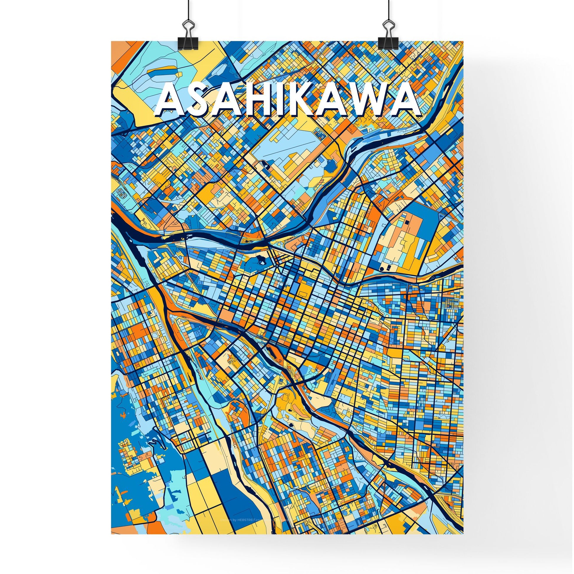 ASAHIKAWA JAPAN Vibrant Colorful Art Map Poster Blue Orange