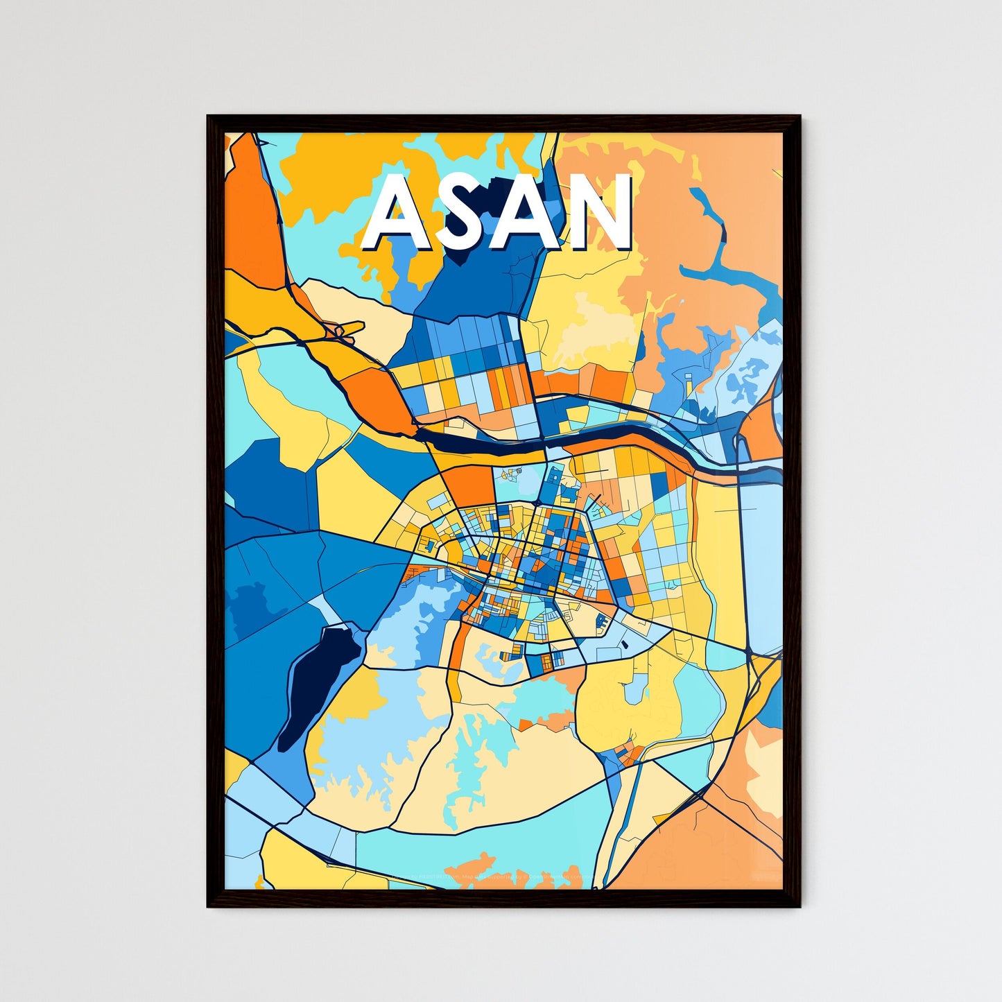 ASAN SOUTH KOREA Vibrant Colorful Art Map Poster Blue Orange