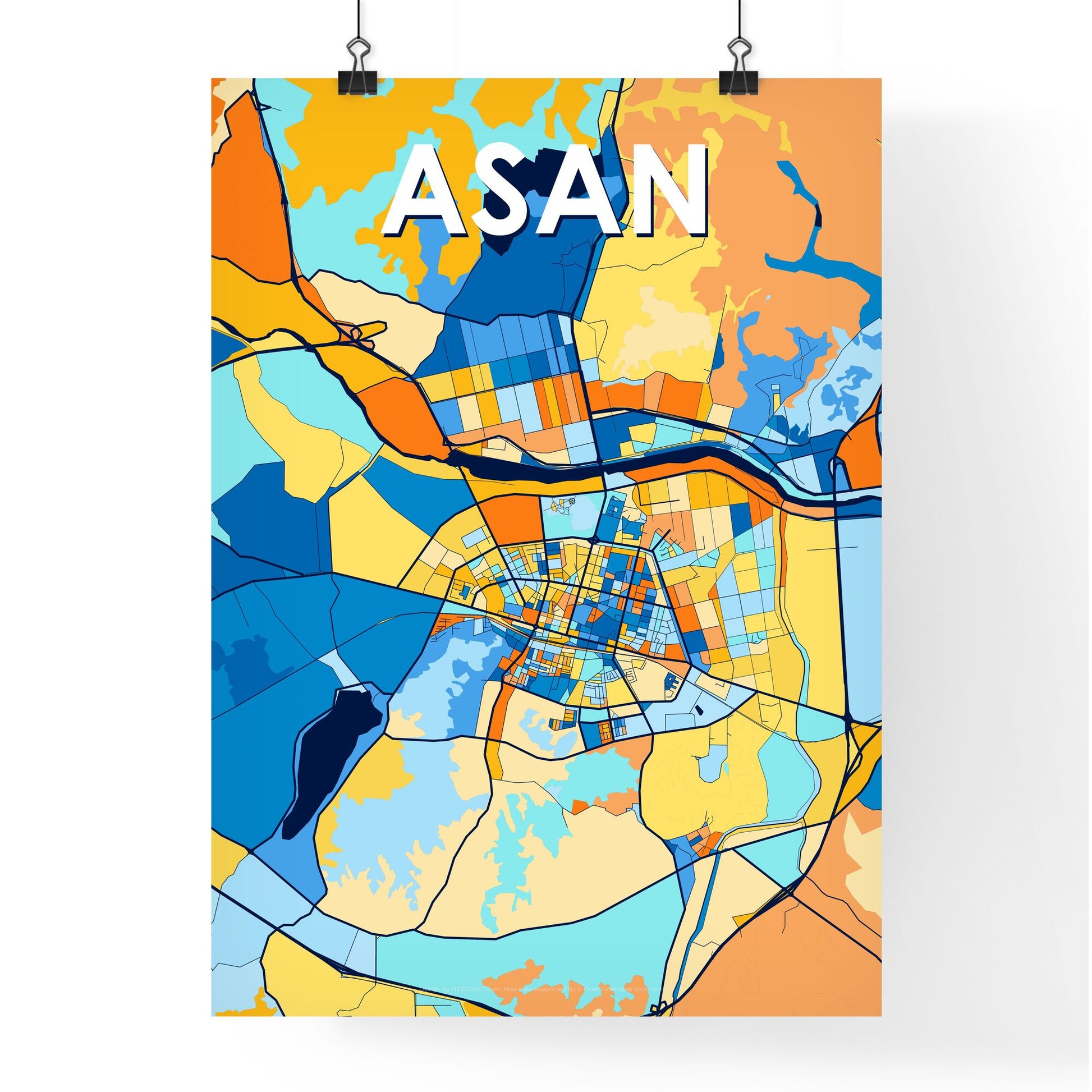 ASAN SOUTH KOREA Vibrant Colorful Art Map Poster Blue Orange