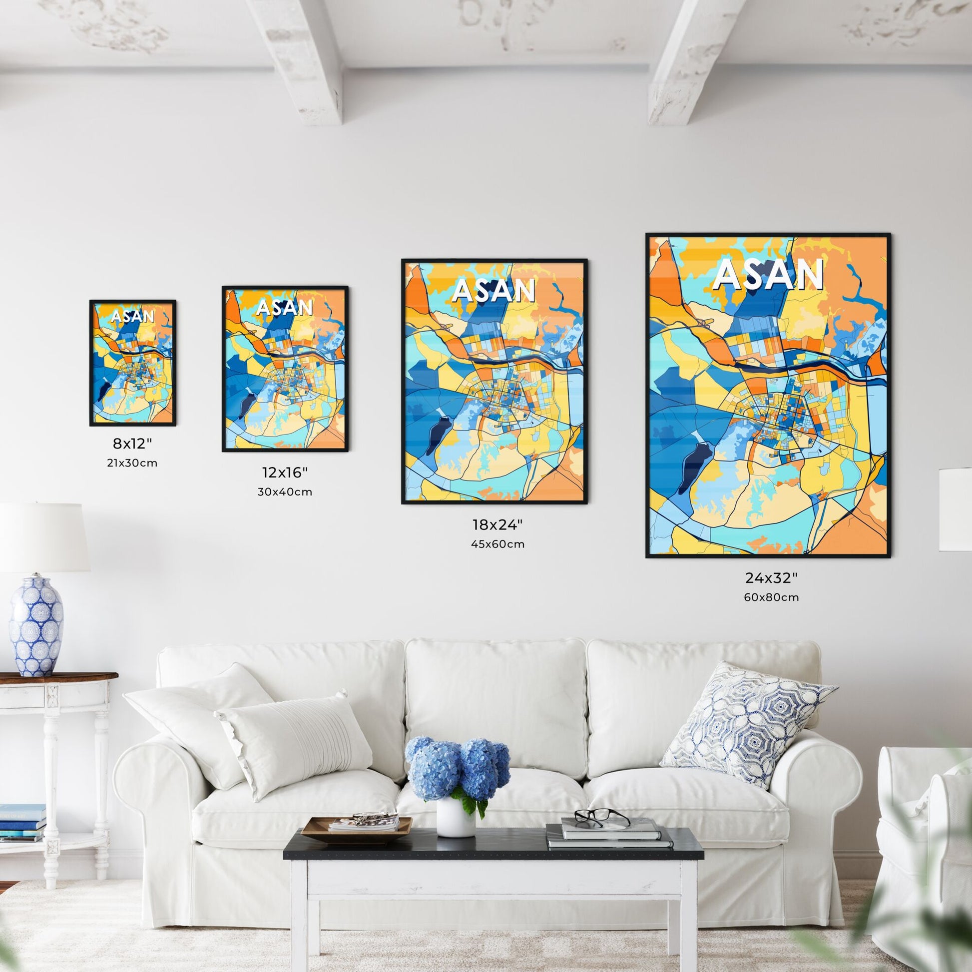 ASAN SOUTH KOREA Vibrant Colorful Art Map Poster Blue Orange