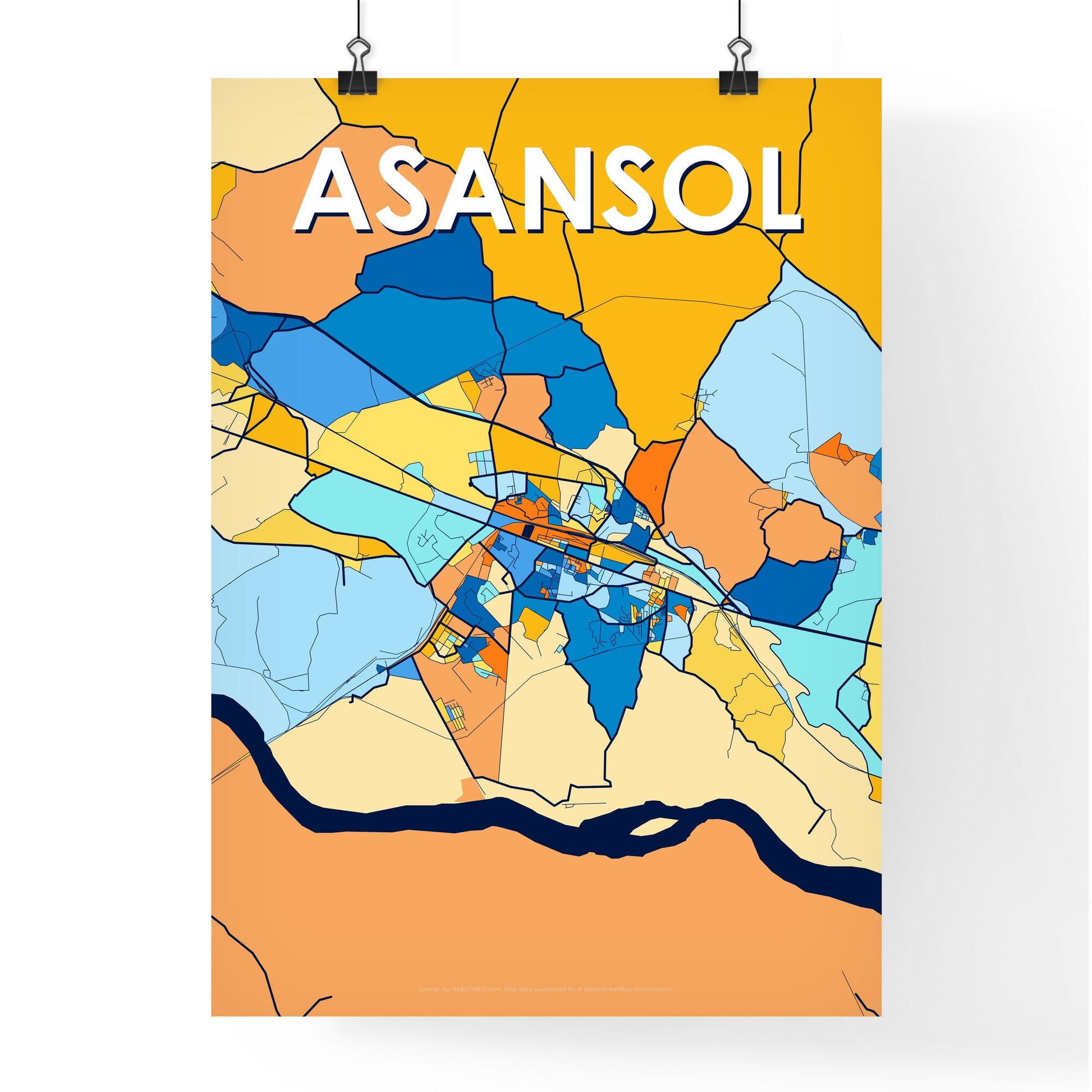 ASANSOL INDIA Vibrant Colorful Art Map Poster Blue Orange