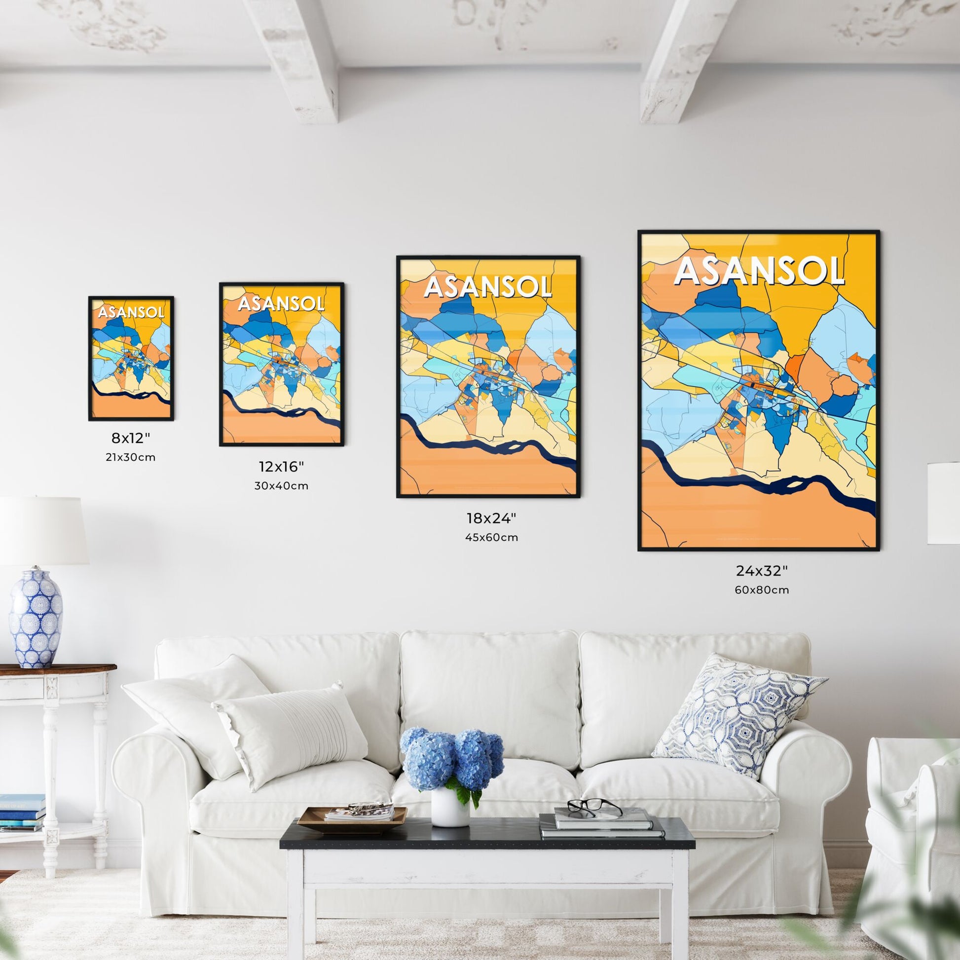 ASANSOL INDIA Vibrant Colorful Art Map Poster Blue Orange