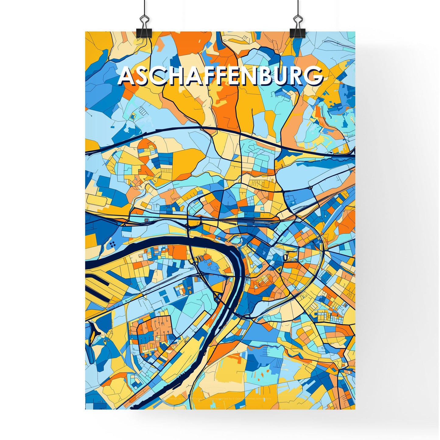 ASCHAFFENBURG GERMANY Vibrant Colorful Art Map Poster Blue Orange