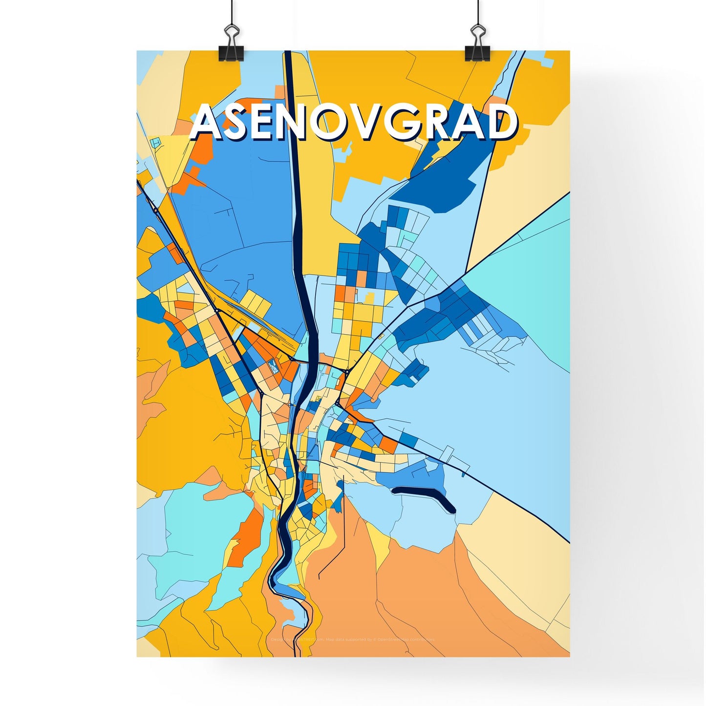 ASENOVGRAD BULGARIA Vibrant Colorful Art Map Poster Blue Orange