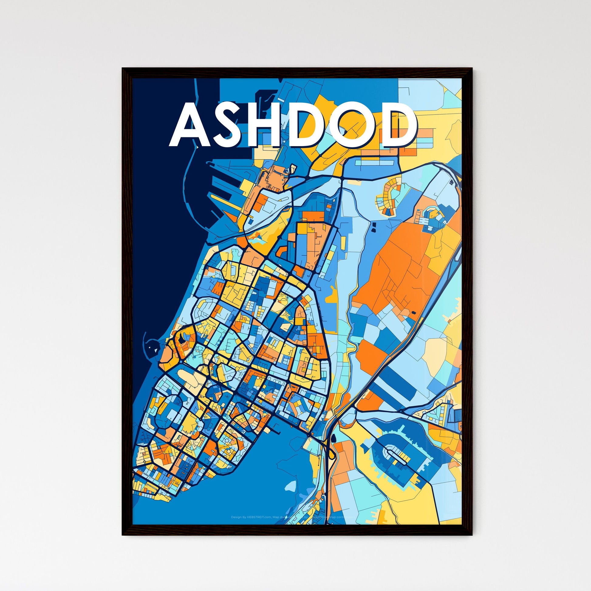 ASHDOD ISRAEL Vibrant Colorful Art Map Poster Blue Orange