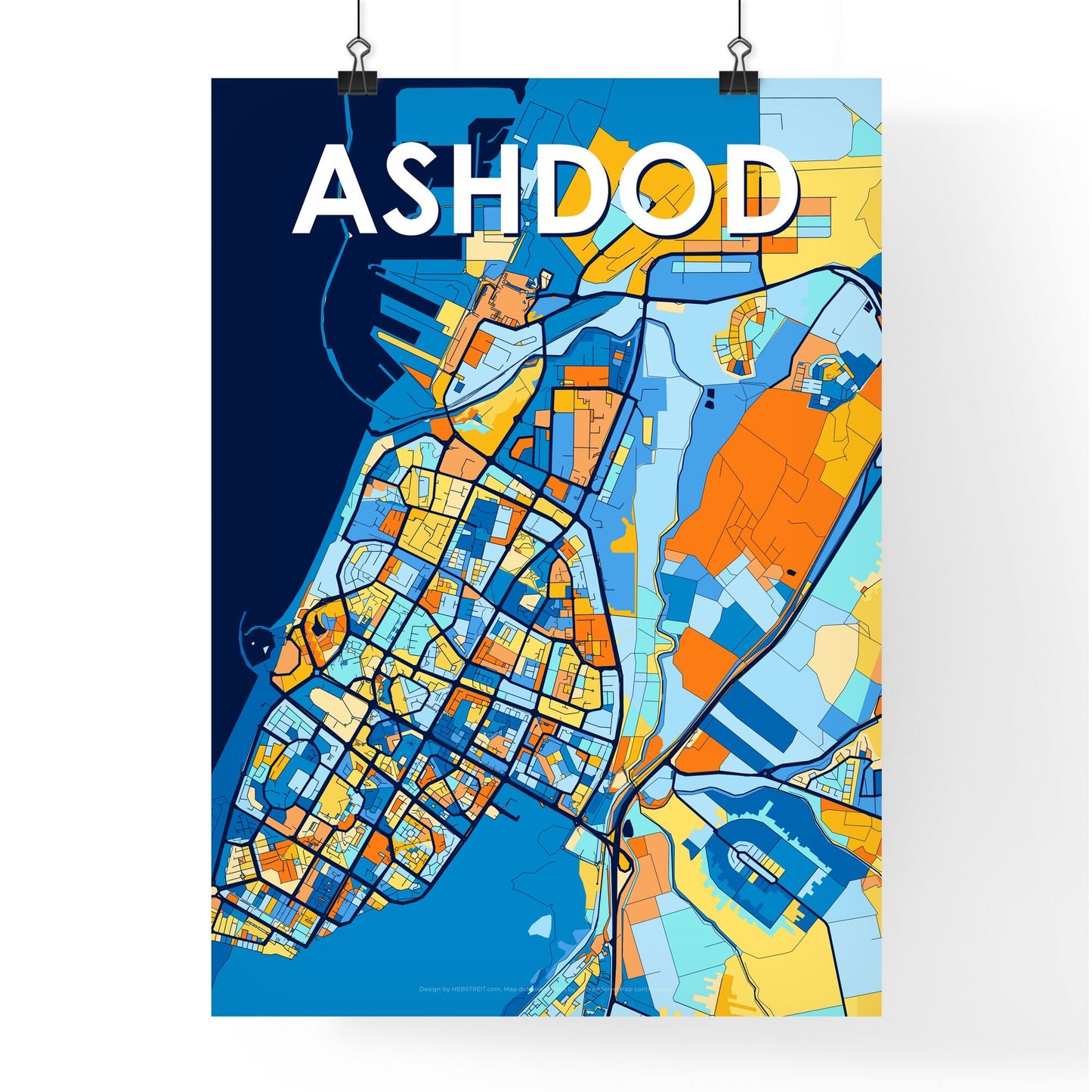 ASHDOD ISRAEL Vibrant Colorful Art Map Poster Blue Orange