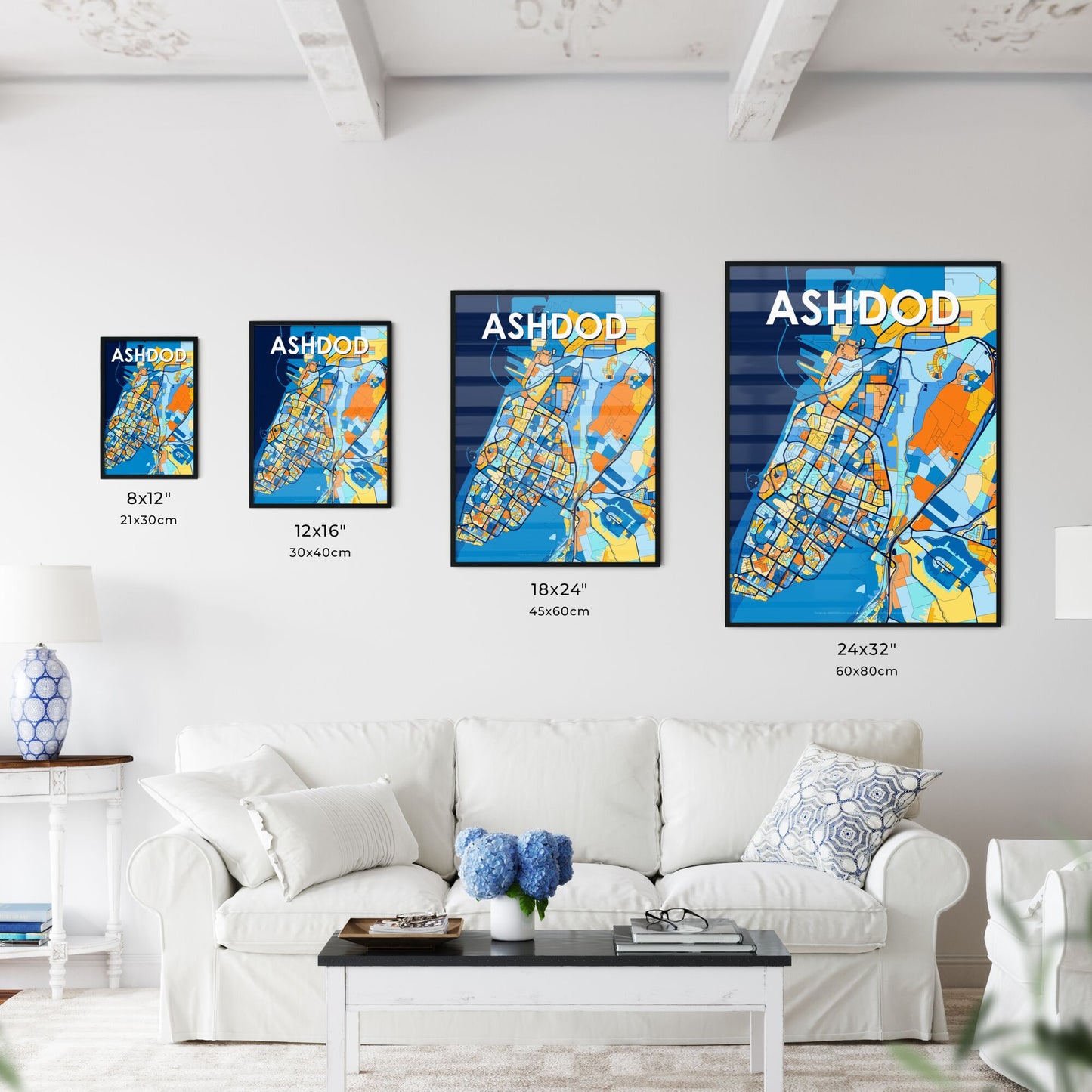 ASHDOD ISRAEL Vibrant Colorful Art Map Poster Blue Orange