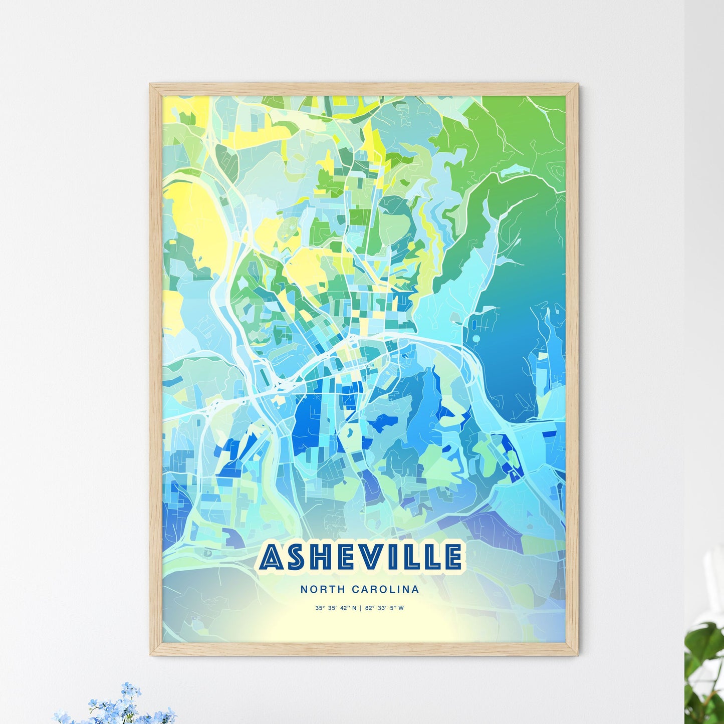 Colorful Asheville North Carolina Fine Art Map Cool Blue