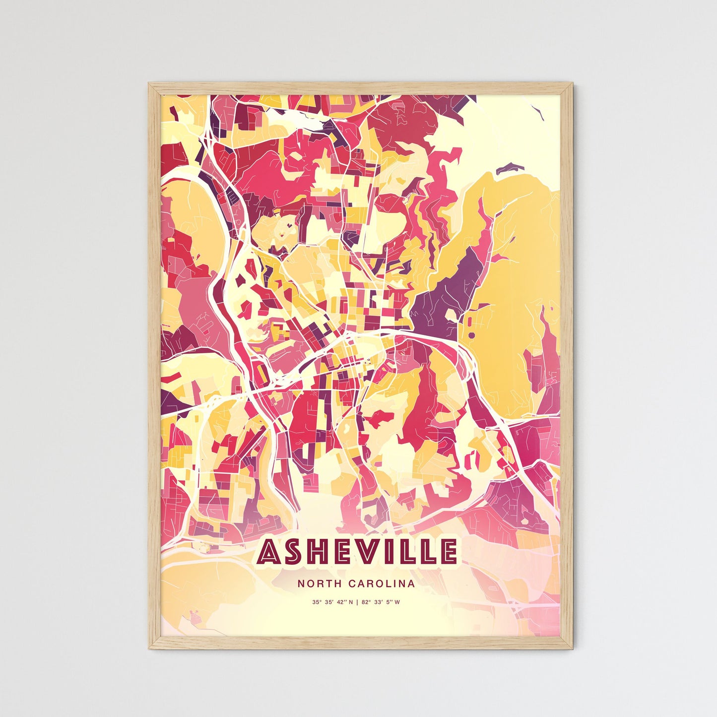 Colorful Asheville North Carolina Fine Art Map Hot Red