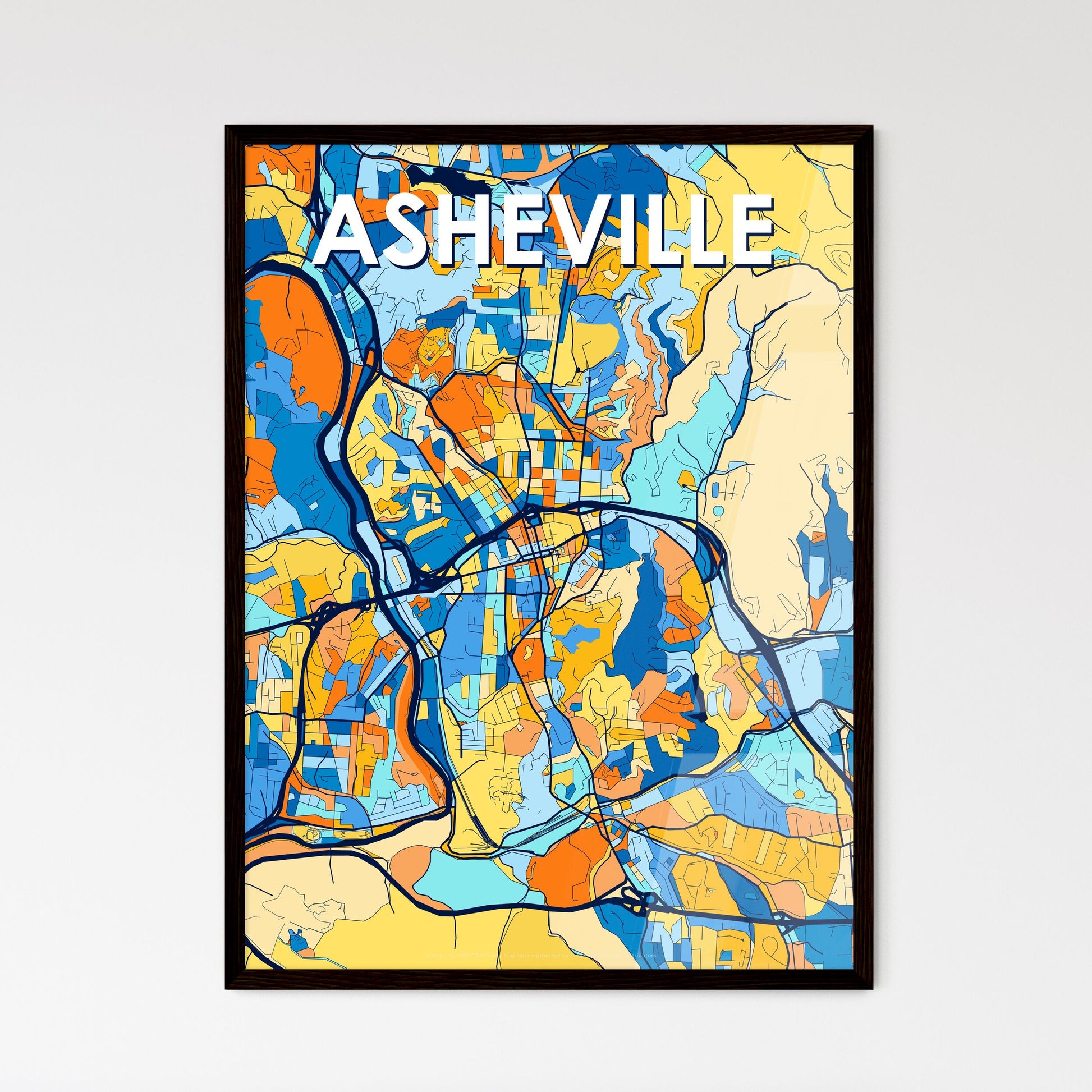 ASHEVILLE NORTH CAROLINA Vibrant Colorful Art Map Poster Blue Orange