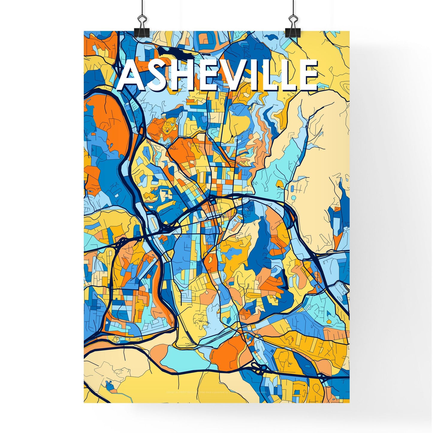 ASHEVILLE NORTH CAROLINA Vibrant Colorful Art Map Poster Blue Orange