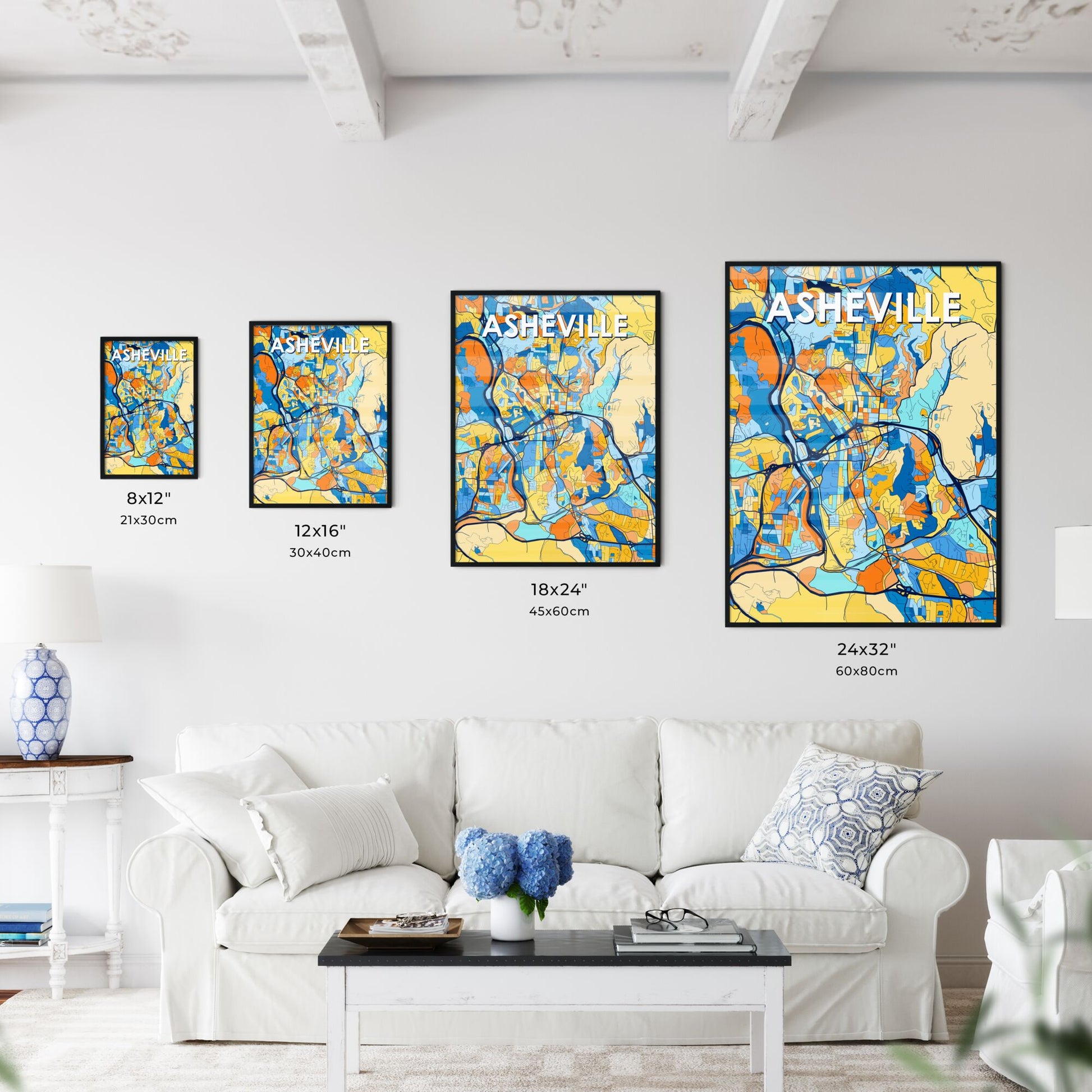 ASHEVILLE NORTH CAROLINA Vibrant Colorful Art Map Poster Blue Orange