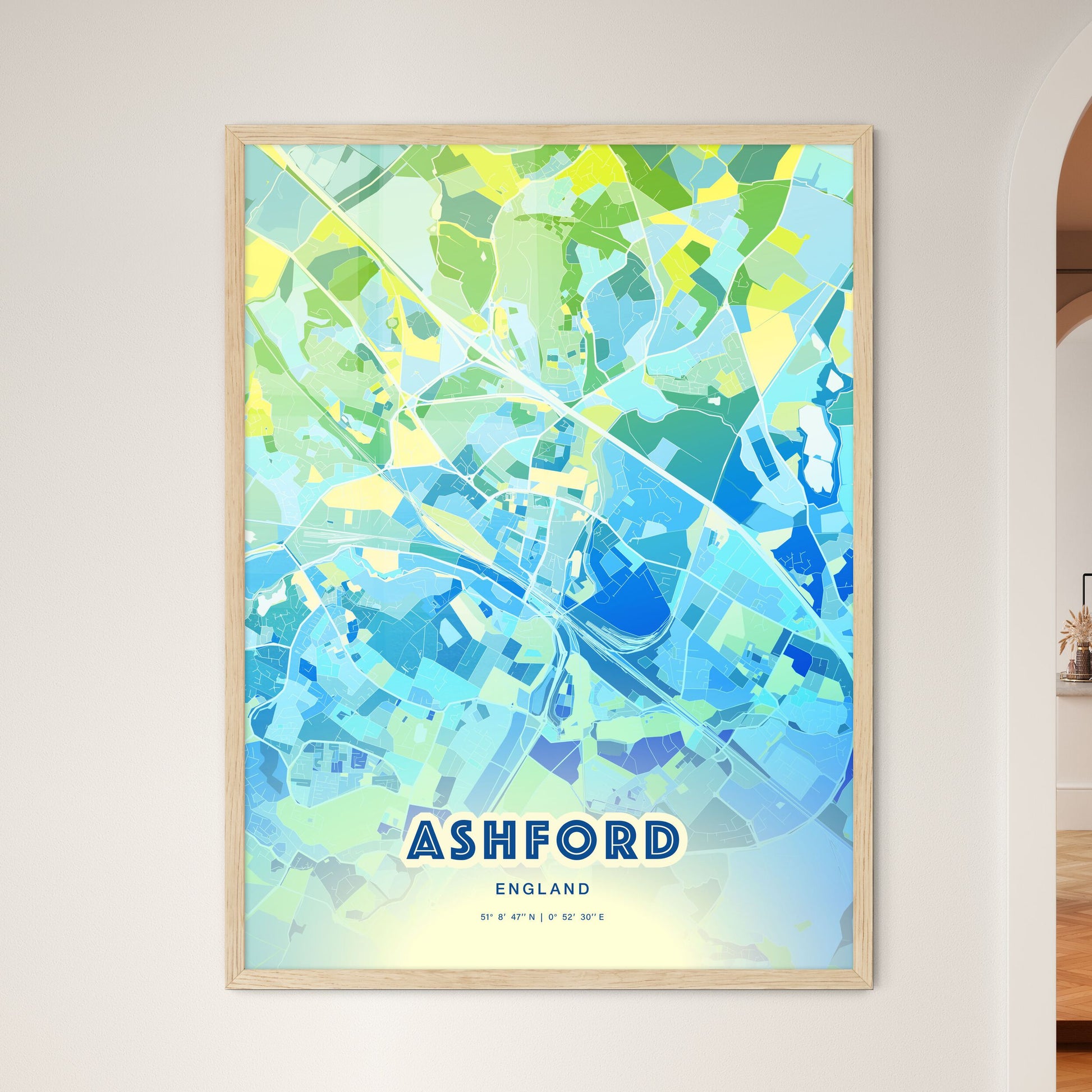 Colorful Ashford England Fine Art Map Cool Blue