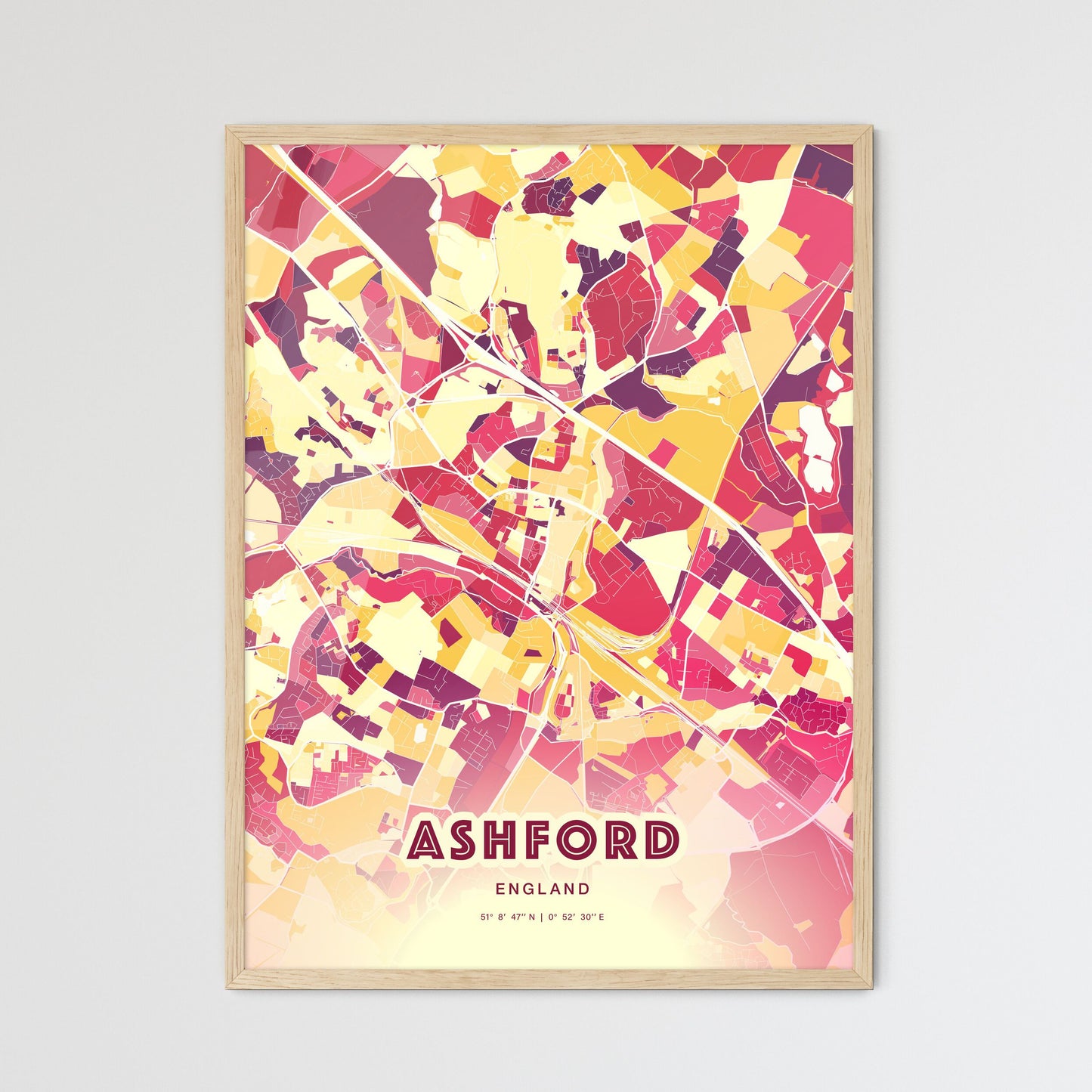 Colorful Ashford England Fine Art Map Hot Red