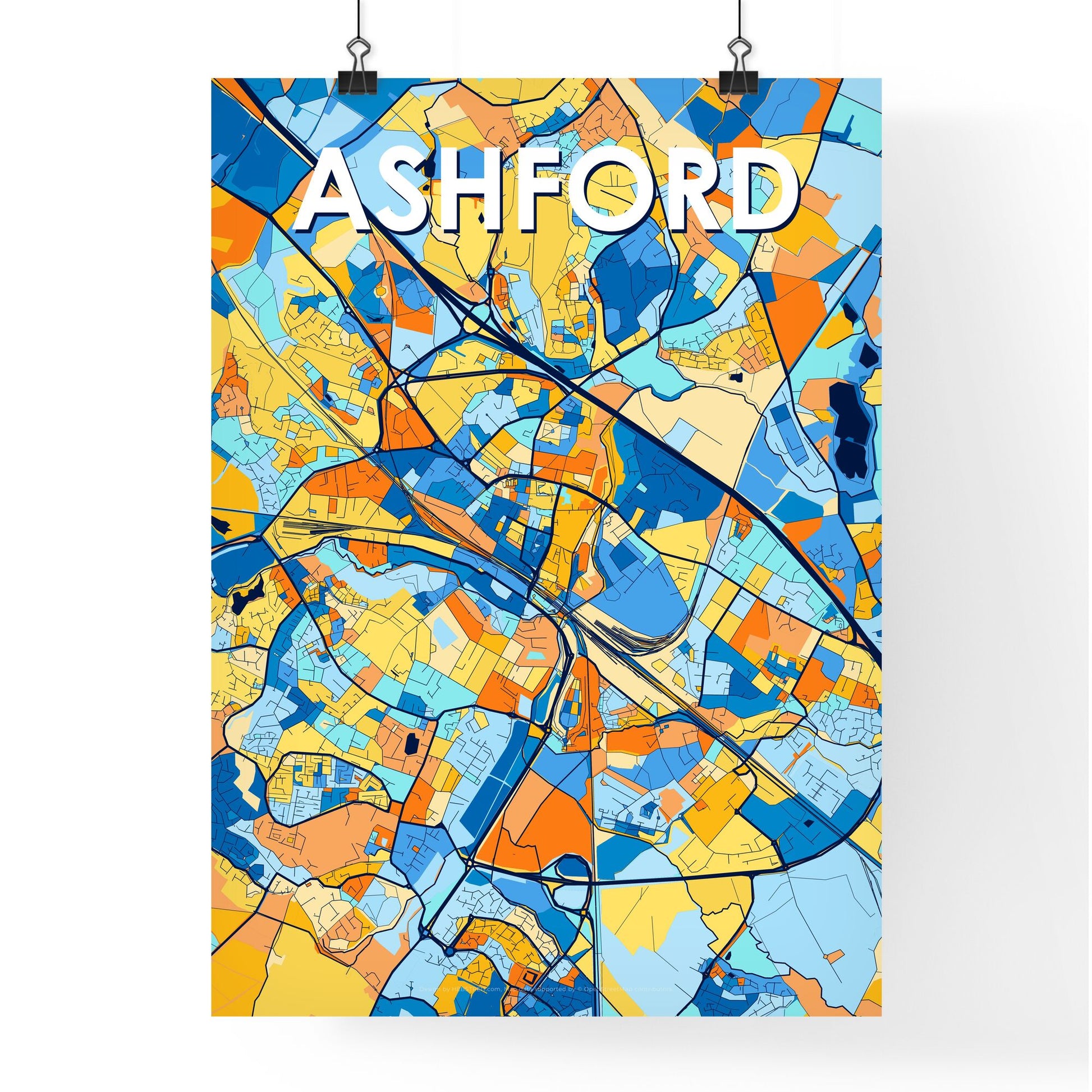 ASHFORD ENGLAND Vibrant Colorful Art Map Poster Blue Orange