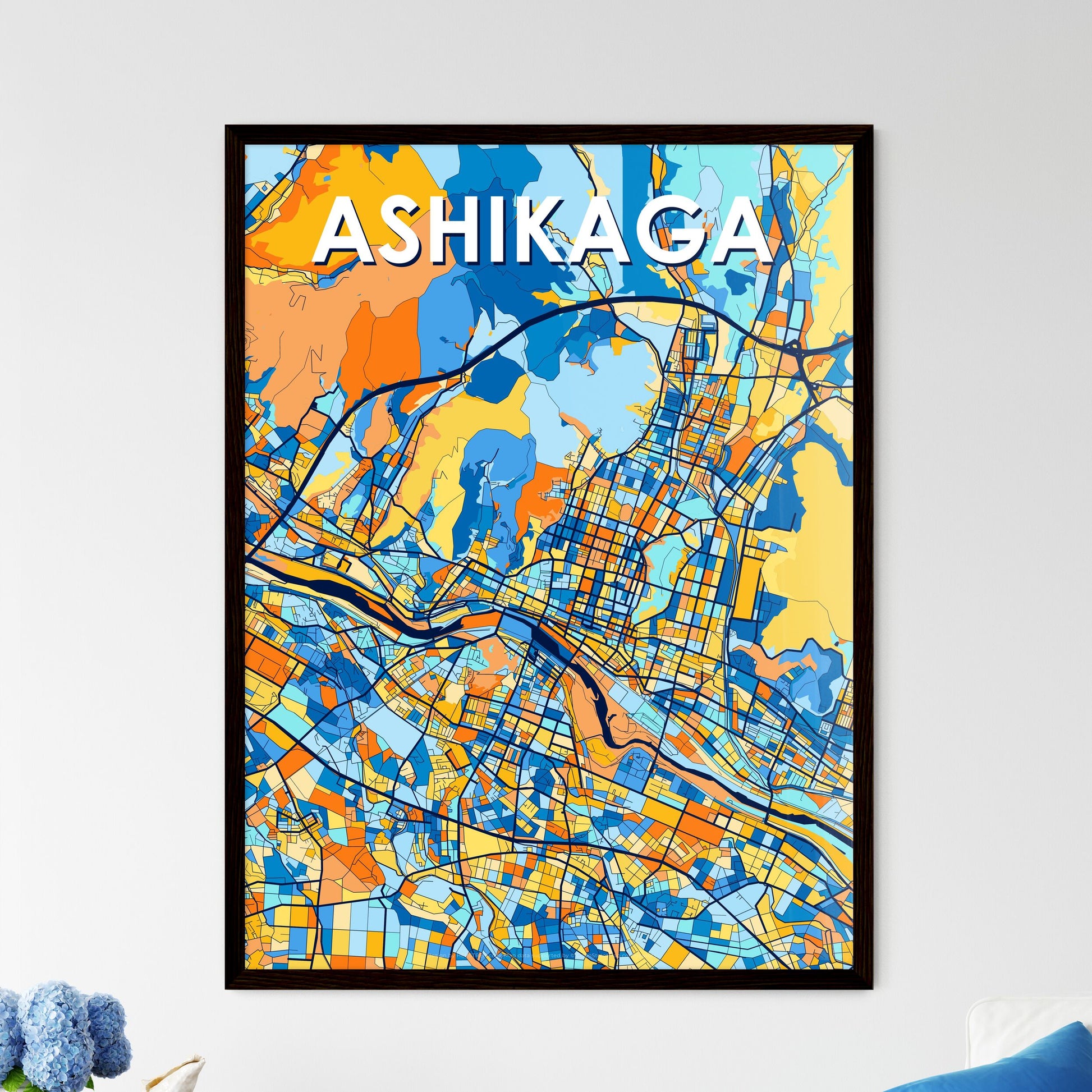 ASHIKAGA JAPAN Vibrant Colorful Art Map Poster Blue Orange