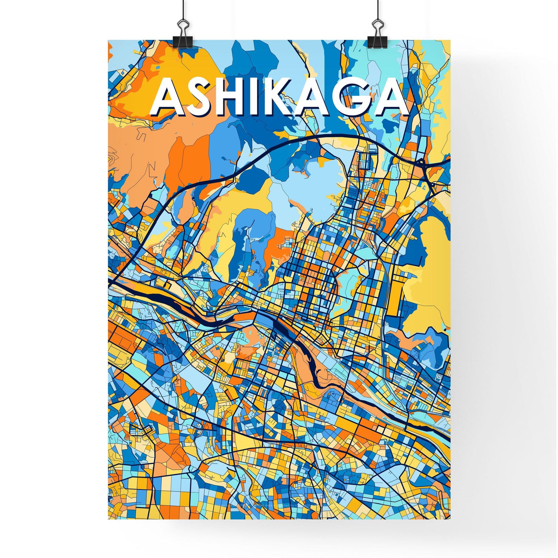 ASHIKAGA JAPAN Vibrant Colorful Art Map Poster Blue Orange