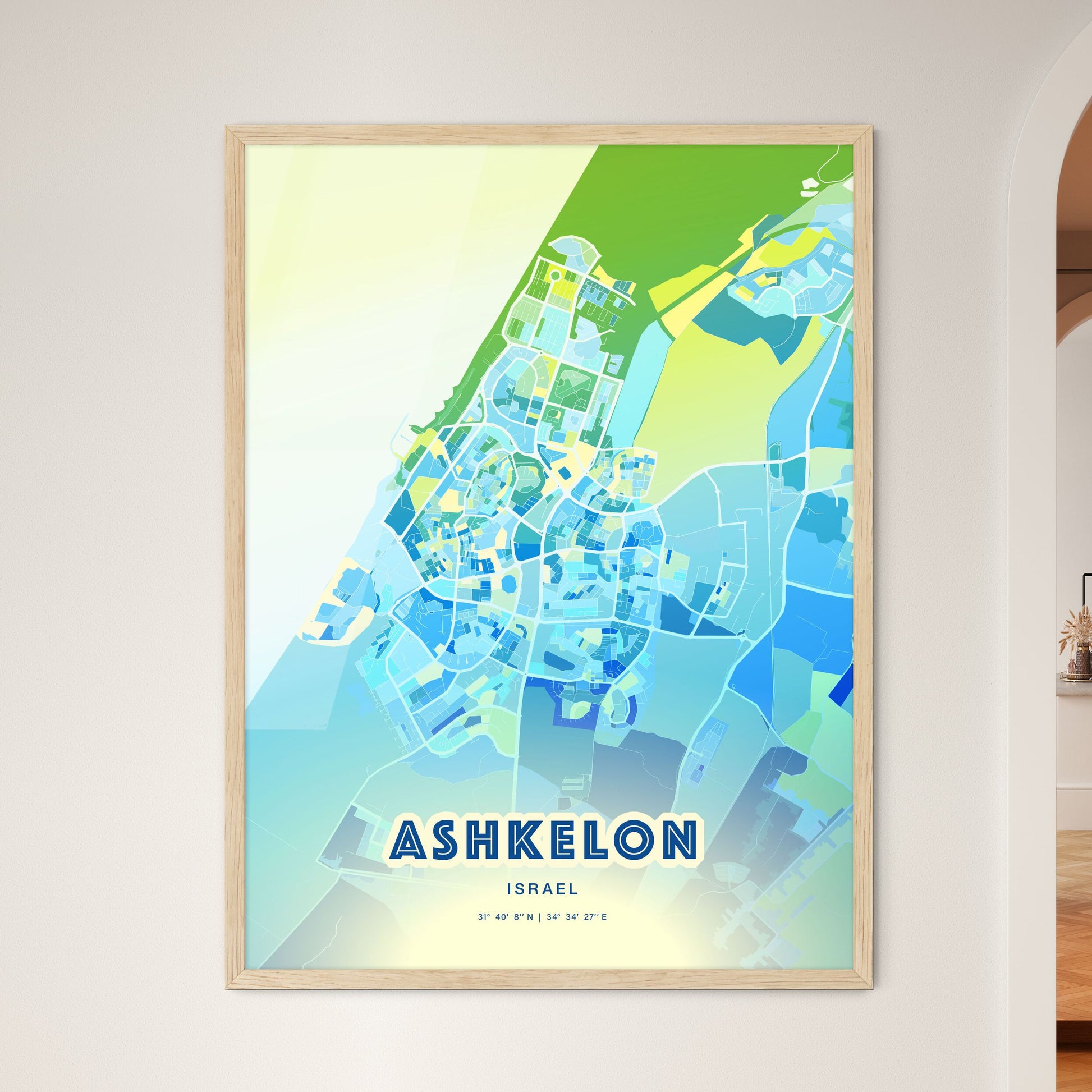 Colorful Ashkelon Israel Fine Art Map Cool Blue