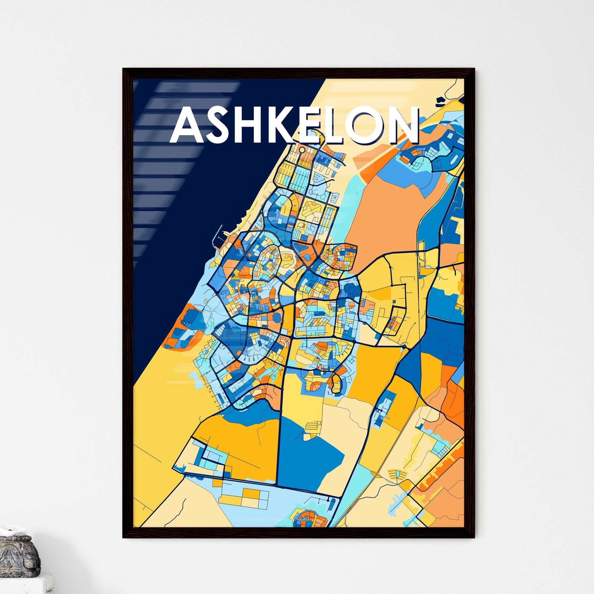 ASHKELON ISRAEL Vibrant Colorful Art Map Poster Blue Orange