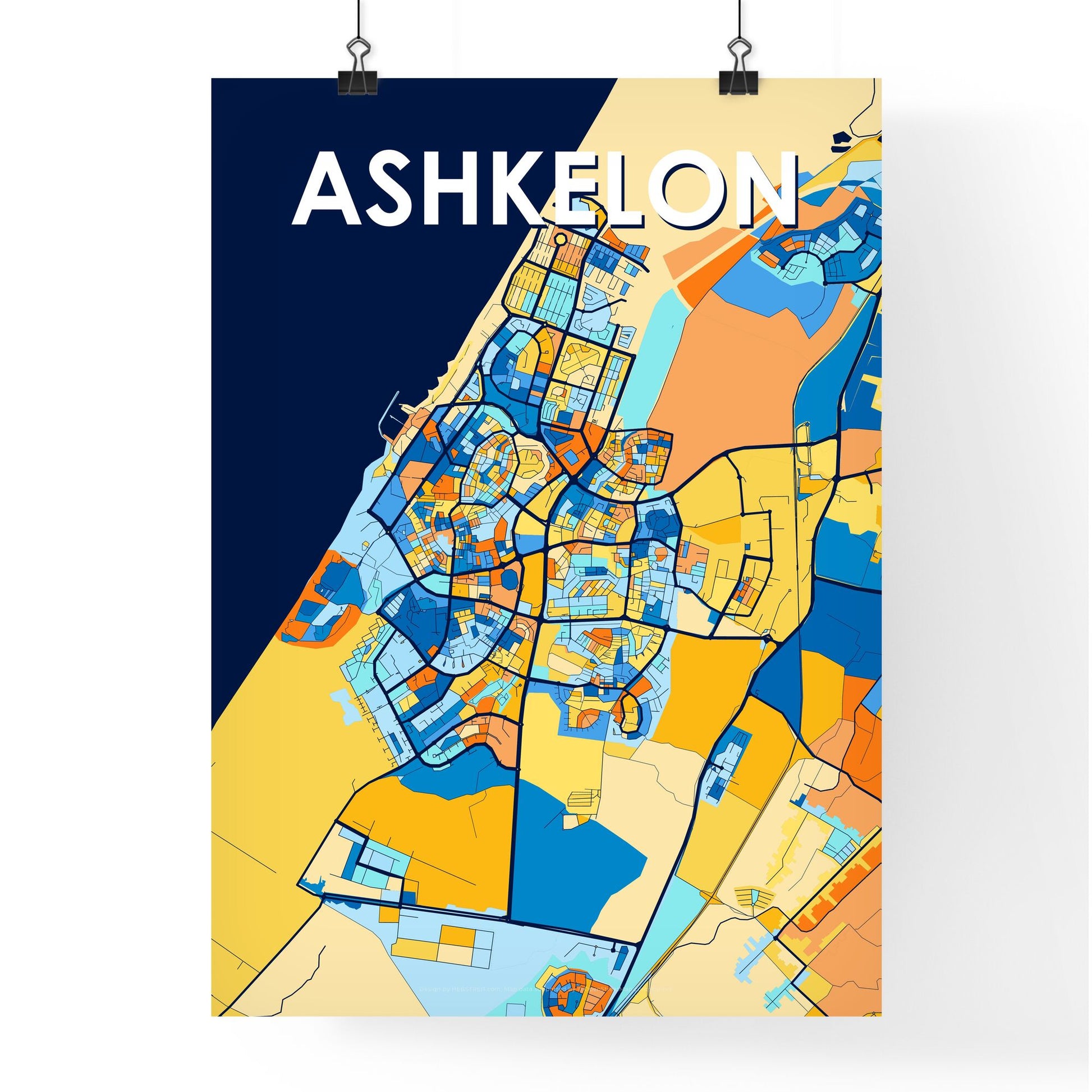 ASHKELON ISRAEL Vibrant Colorful Art Map Poster Blue Orange