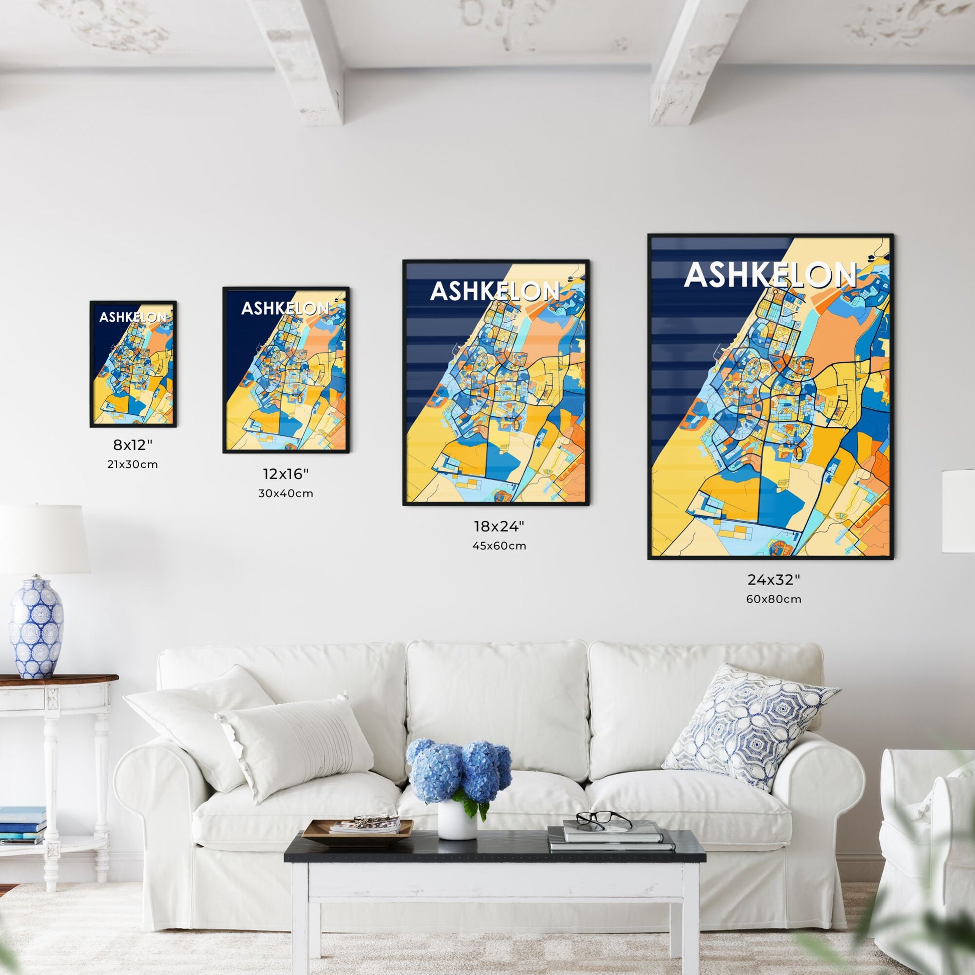 ASHKELON ISRAEL Vibrant Colorful Art Map Poster Blue Orange