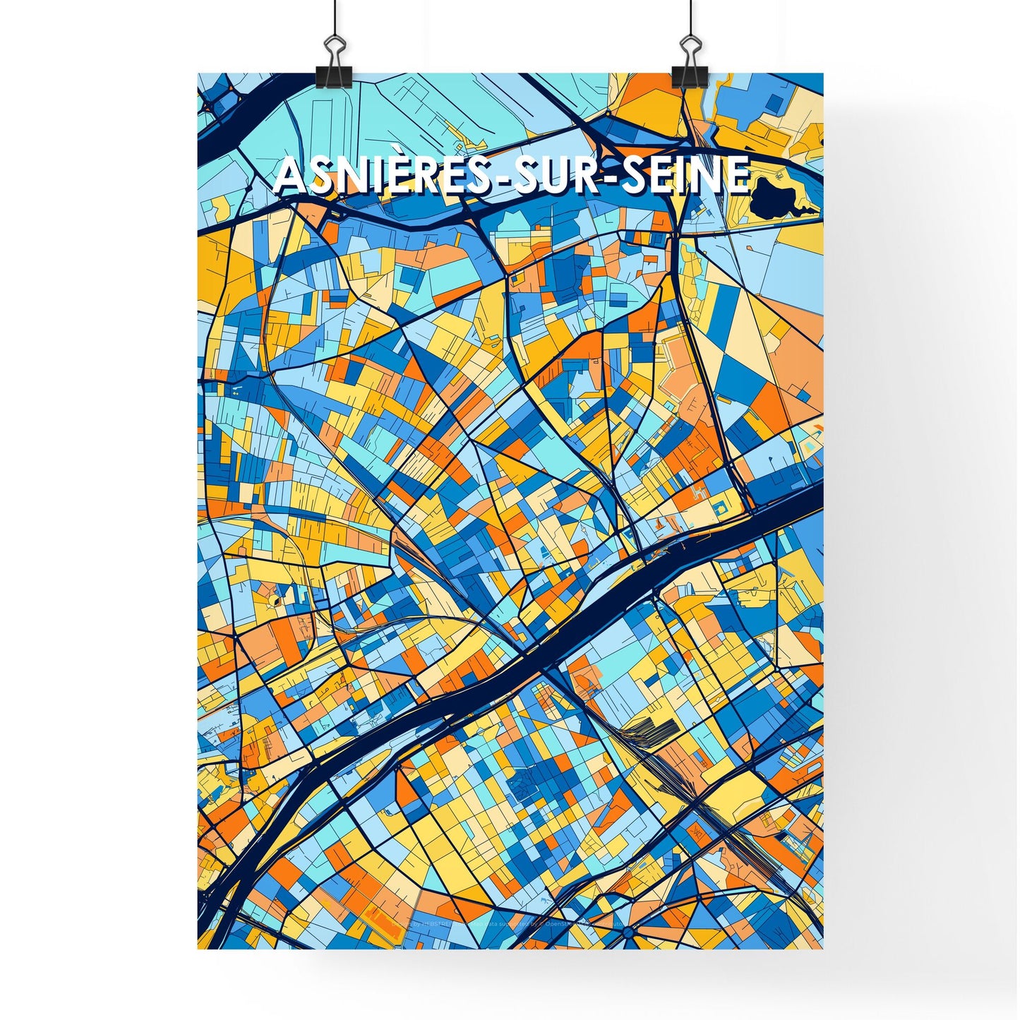 ASNIÈRES-SUR-SEINE FRANCE Vibrant Colorful Art Map Poster Blue Orange