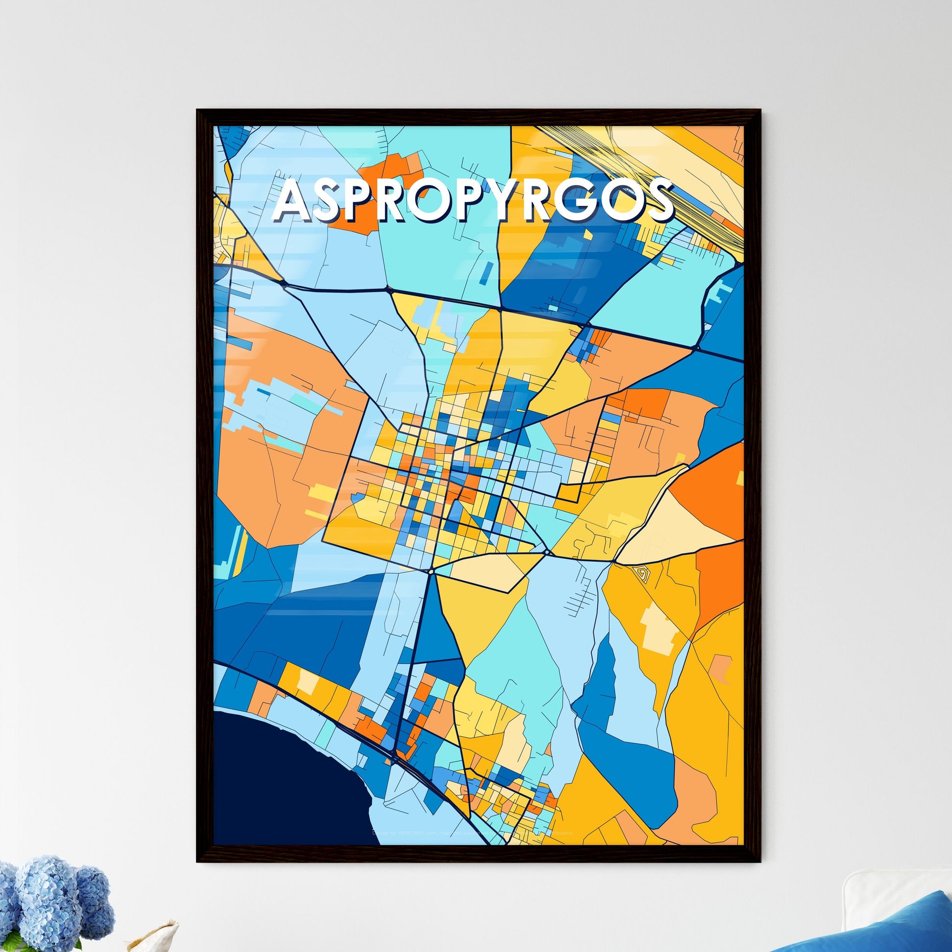 ASPROPYRGOS GREECE Vibrant Colorful Art Map Poster Blue Orange
