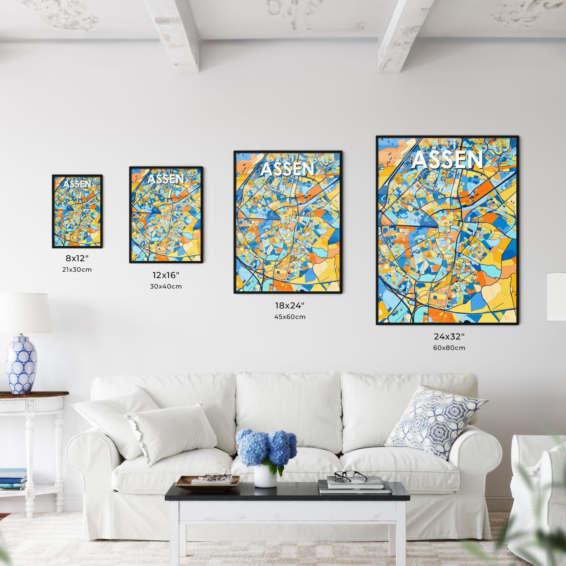 ASSEN NETHERLANDS Vibrant Colorful Art Map Poster Blue Orange