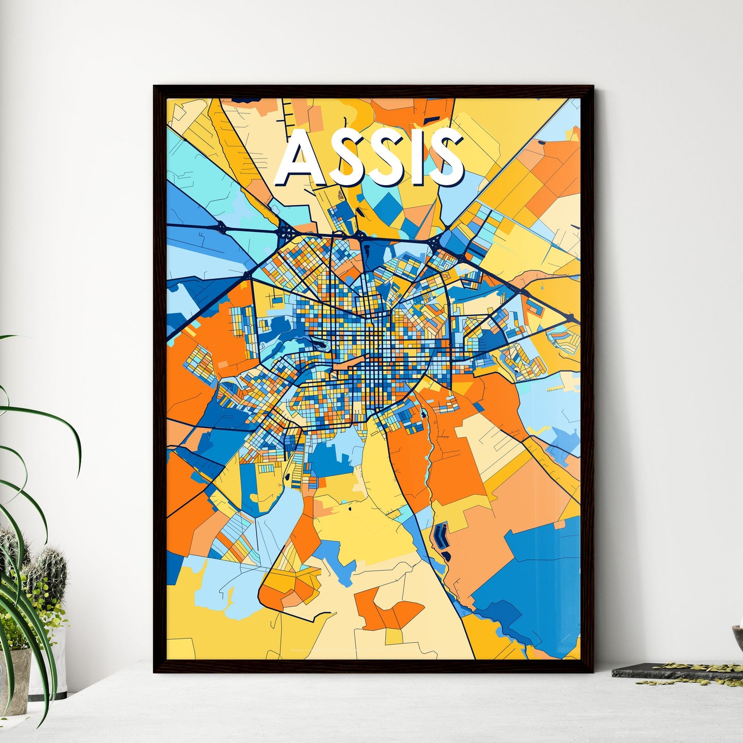 ASSIS BRAZIL Vibrant Colorful Art Map Poster Blue Orange