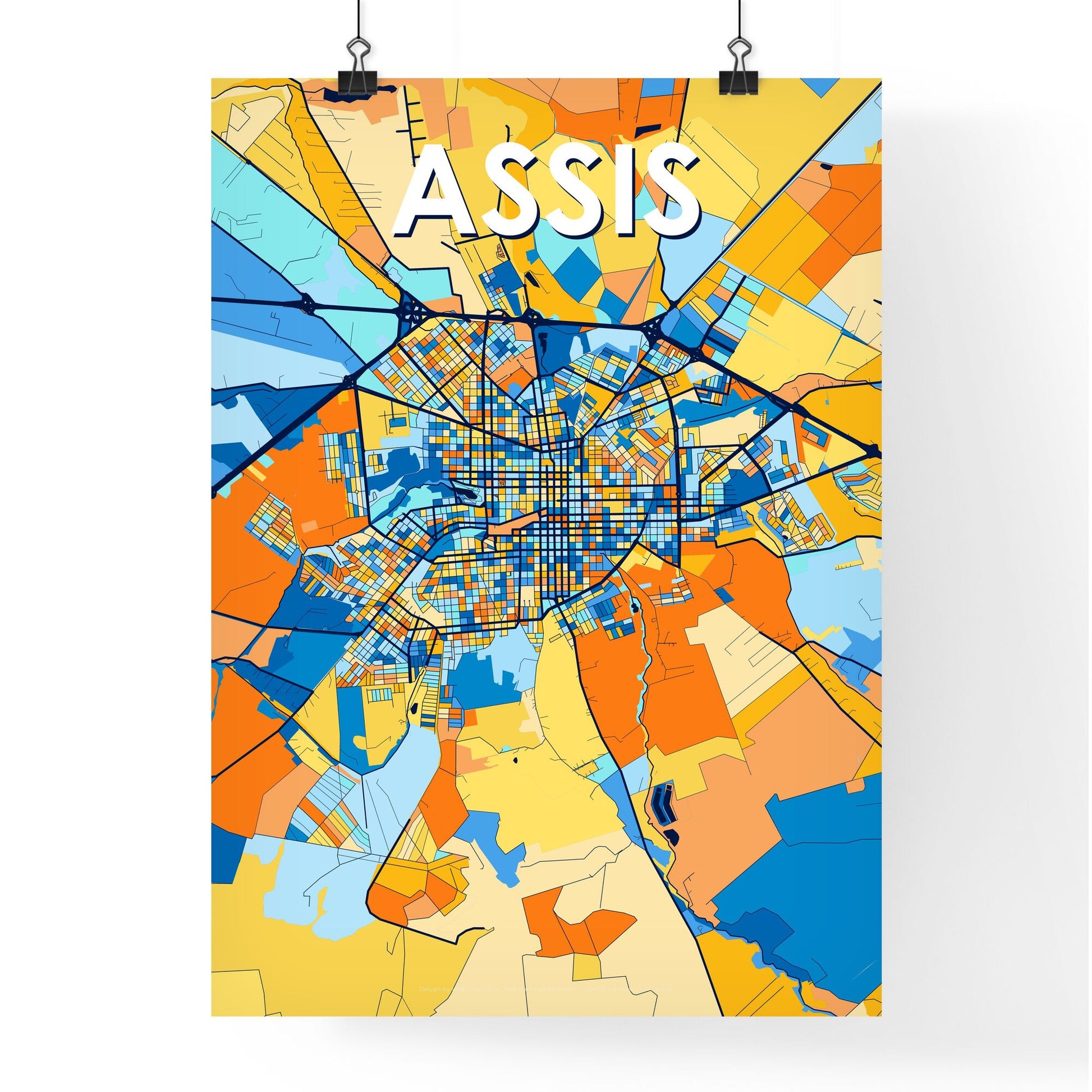 ASSIS BRAZIL Vibrant Colorful Art Map Poster Blue Orange