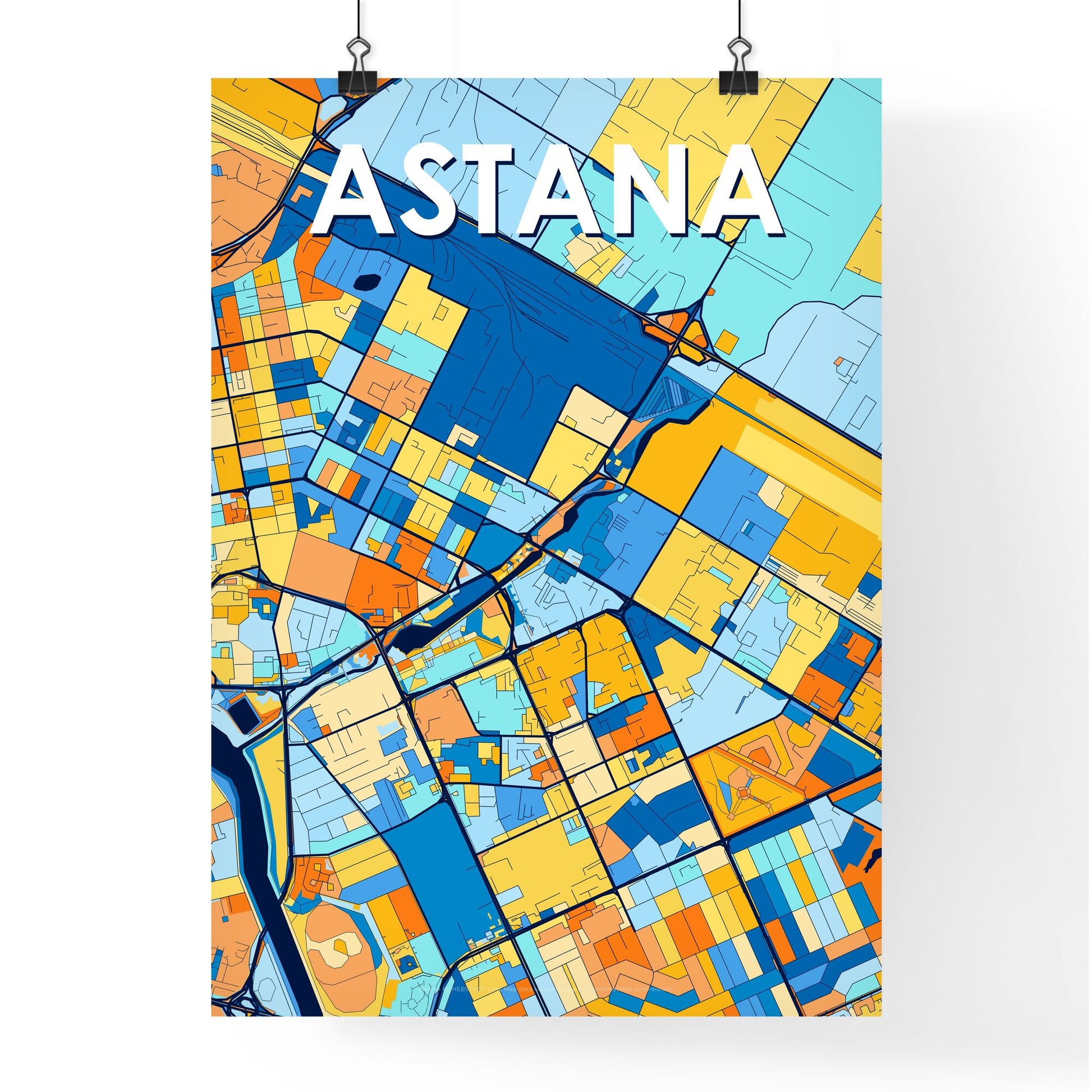 ASTANA KAZAKHSTAN Vibrant Colorful Art Map Poster Blue Orange