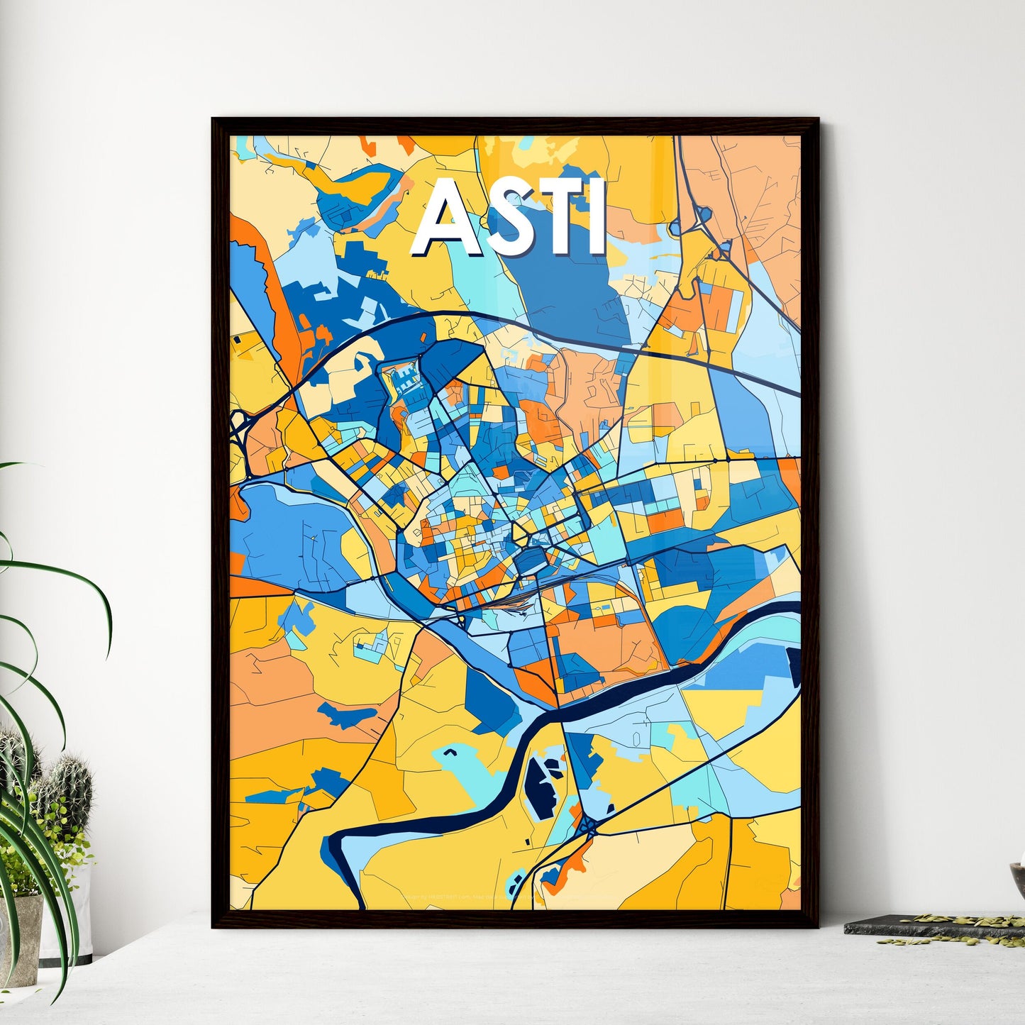 ASTI ITALY Vibrant Colorful Art Map Poster Blue Orange