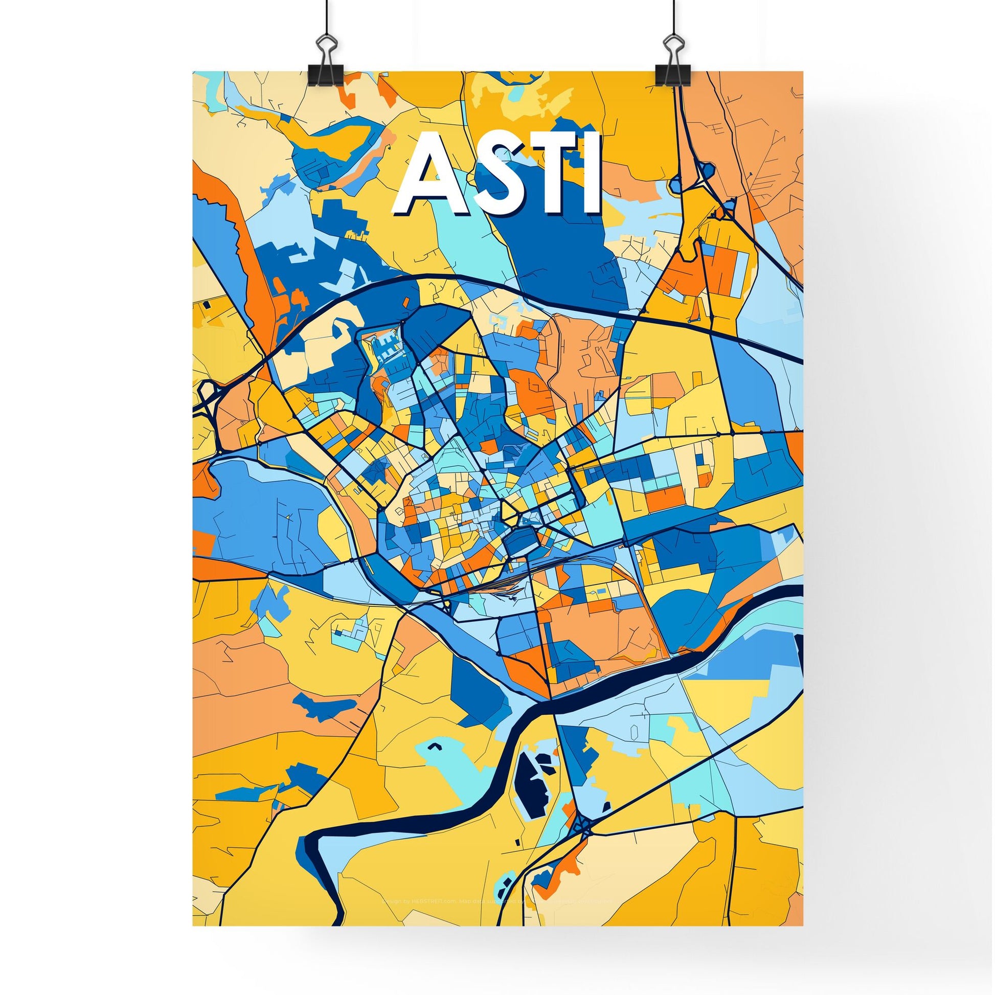 ASTI ITALY Vibrant Colorful Art Map Poster Blue Orange