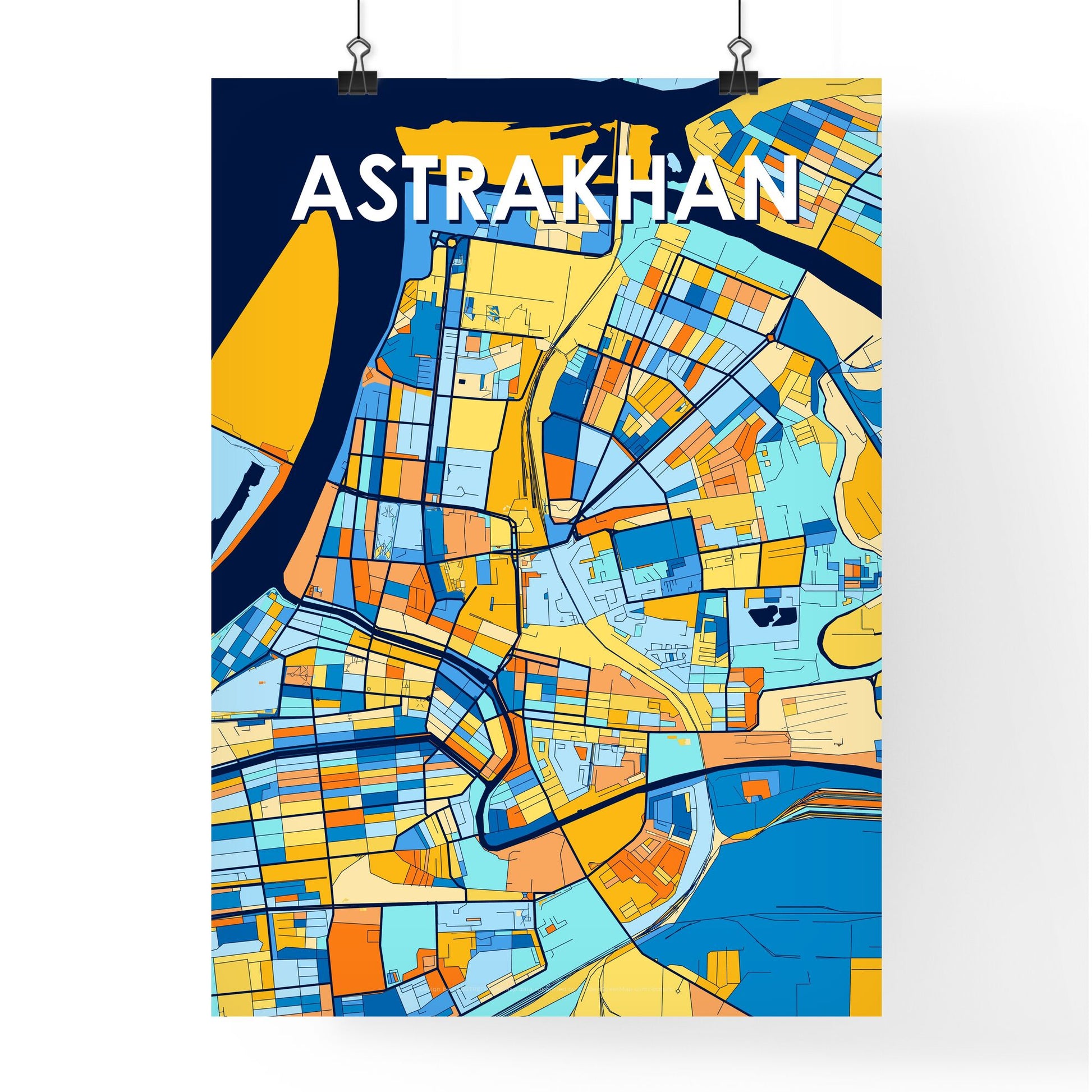 ASTRAKHAN RUSSIA Vibrant Colorful Art Map Poster Blue Orange