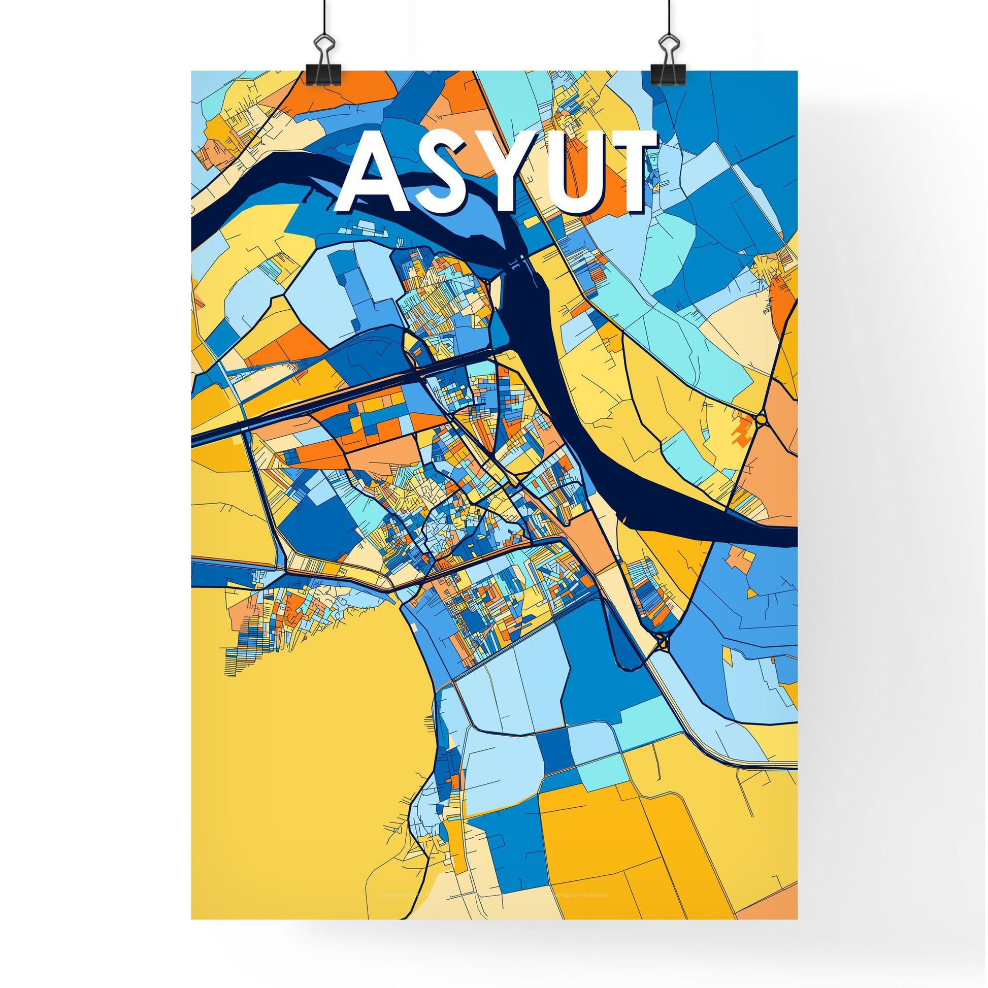 ASYUT EGYPT Vibrant Colorful Art Map Poster Blue Orange