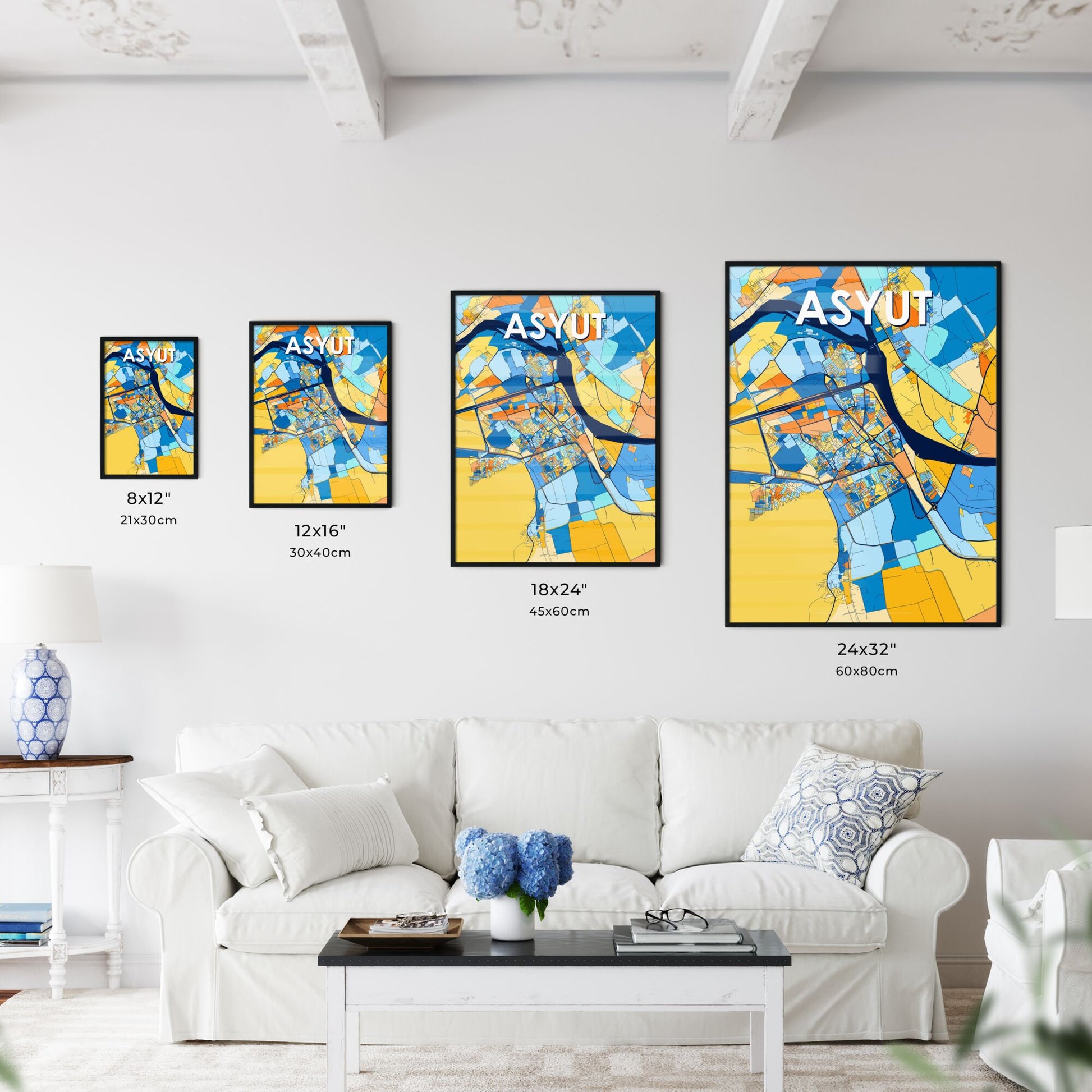 ASYUT EGYPT Vibrant Colorful Art Map Poster Blue Orange